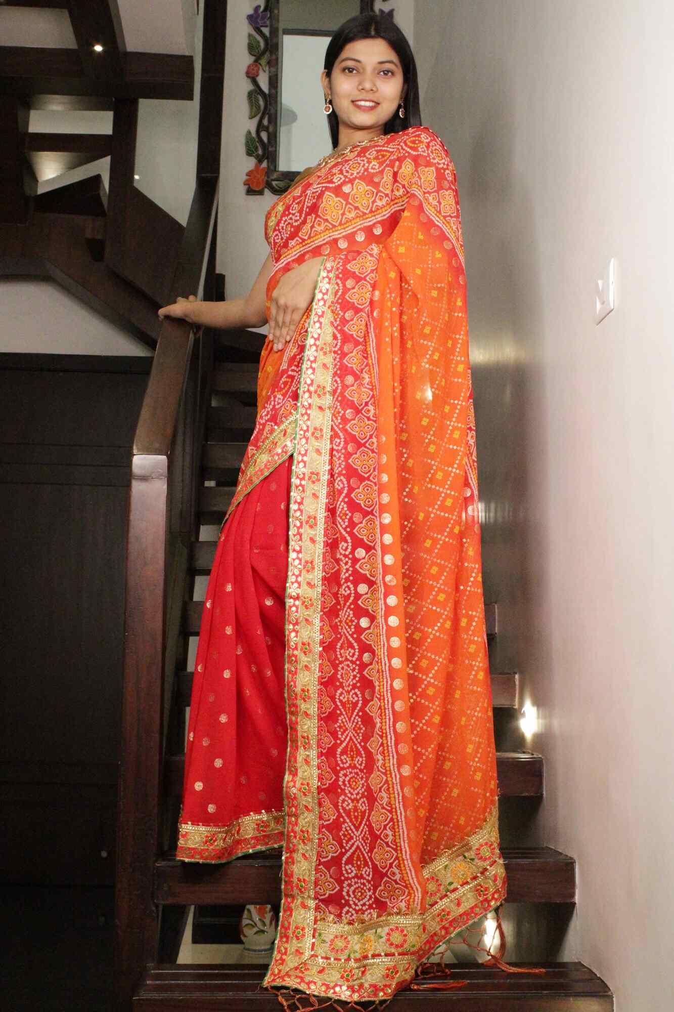 RED - ORANGE GEORGETTE CHIFFON BANDHANI SAREE WITH GOTA PATTI BORDER - Image 6