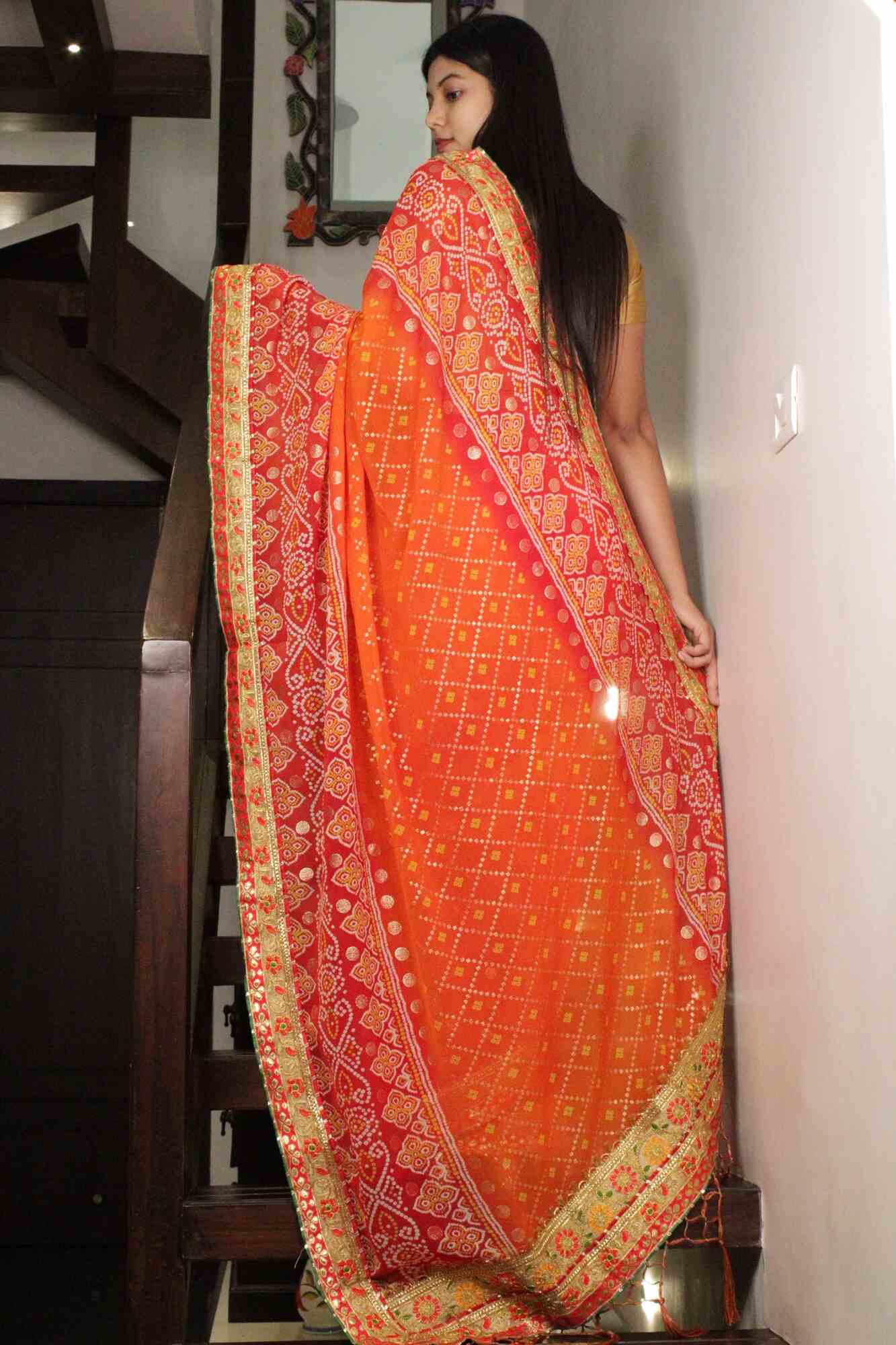 RED - ORANGE GEORGETTE CHIFFON BANDHANI SAREE WITH GOTA PATTI BORDER - Image 8