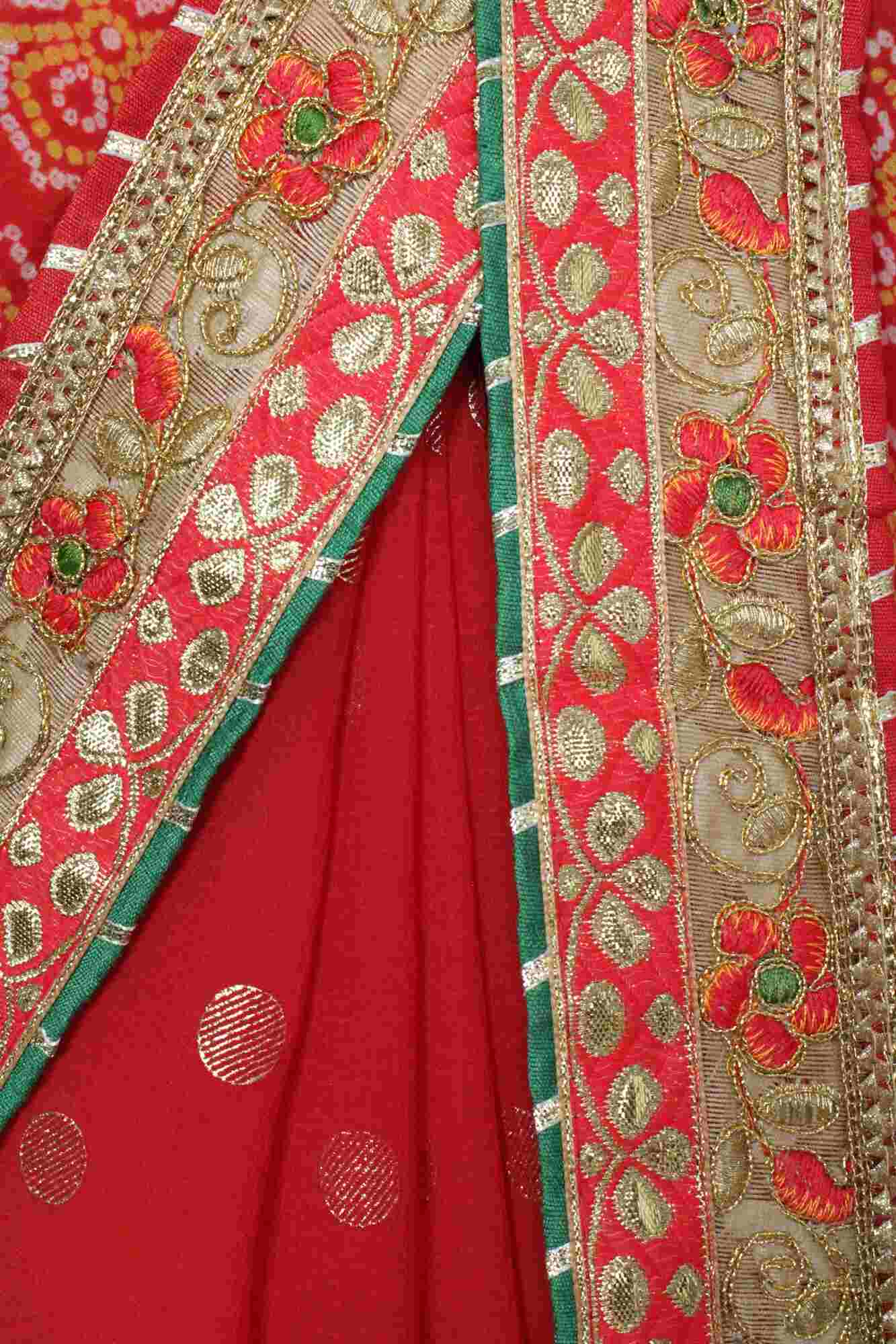 RED - ORANGE GEORGETTE CHIFFON BANDHANI SAREE WITH GOTA PATTI BORDER - Image 9