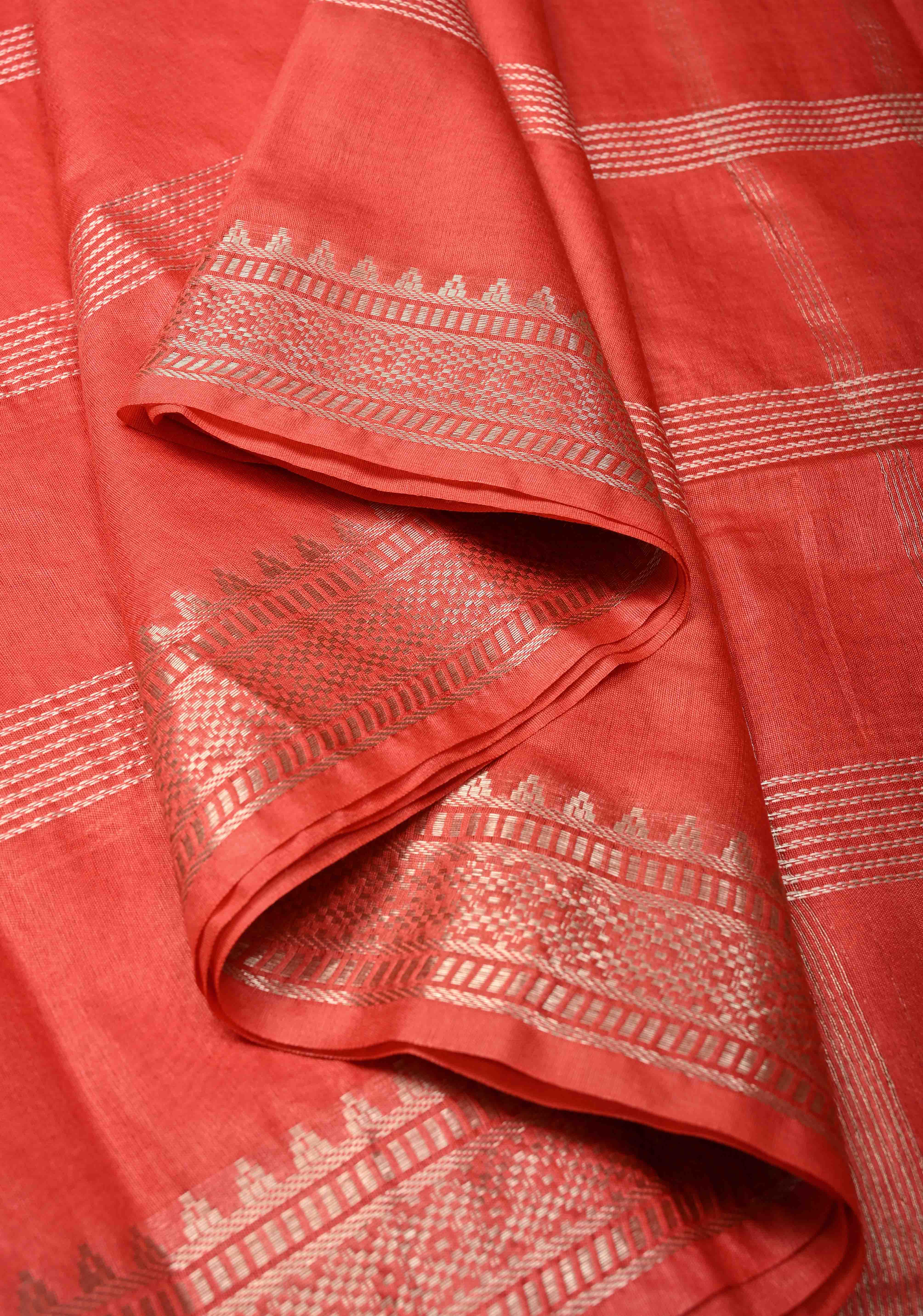 Red Orange Semi Tussar Saree with Thread Stripes and Tepmle Zari Border | Shobitam - Image 4