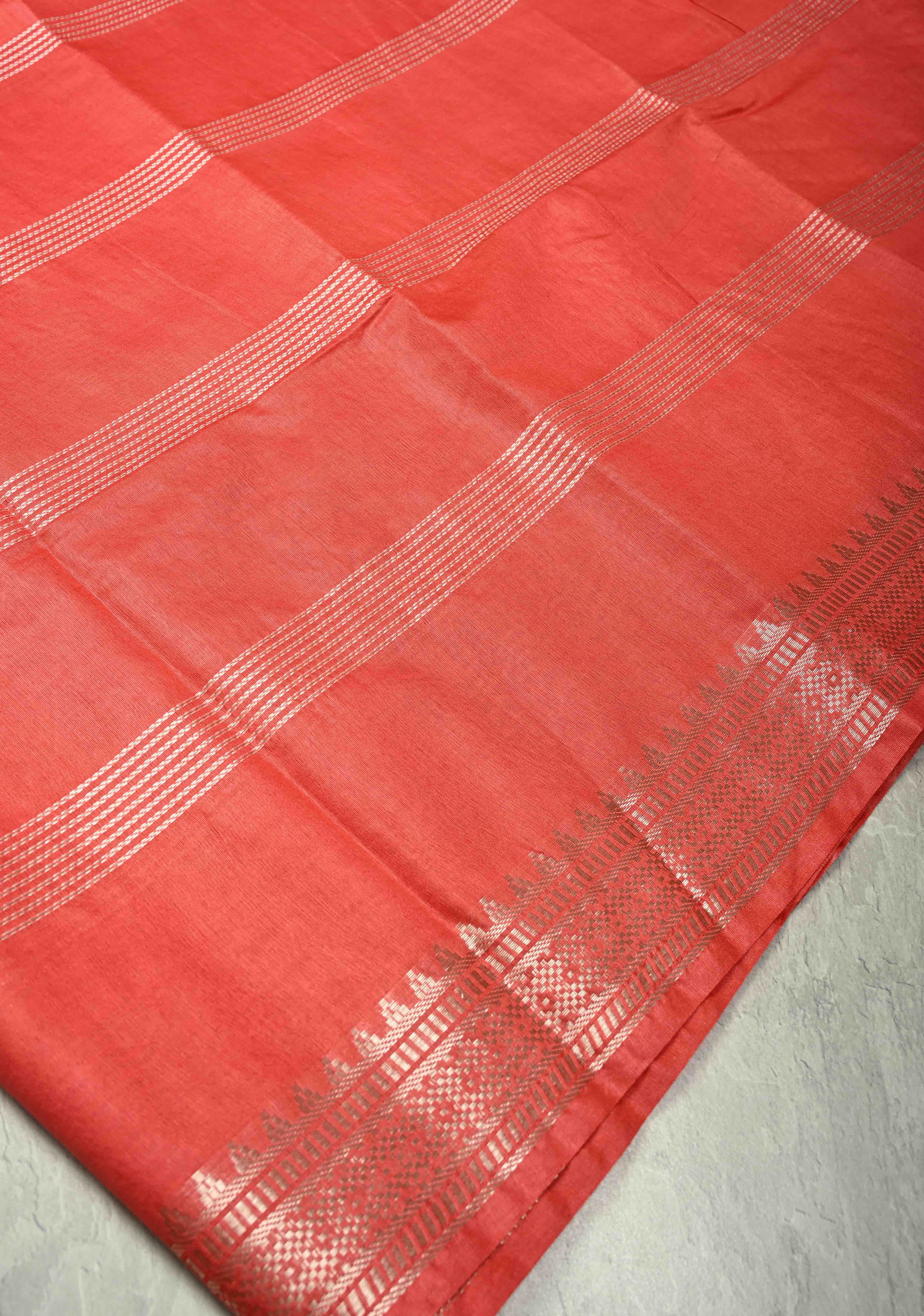 Red Orange Semi Tussar Saree with Thread Stripes and Tepmle Zari Border | Shobitam - Image 5
