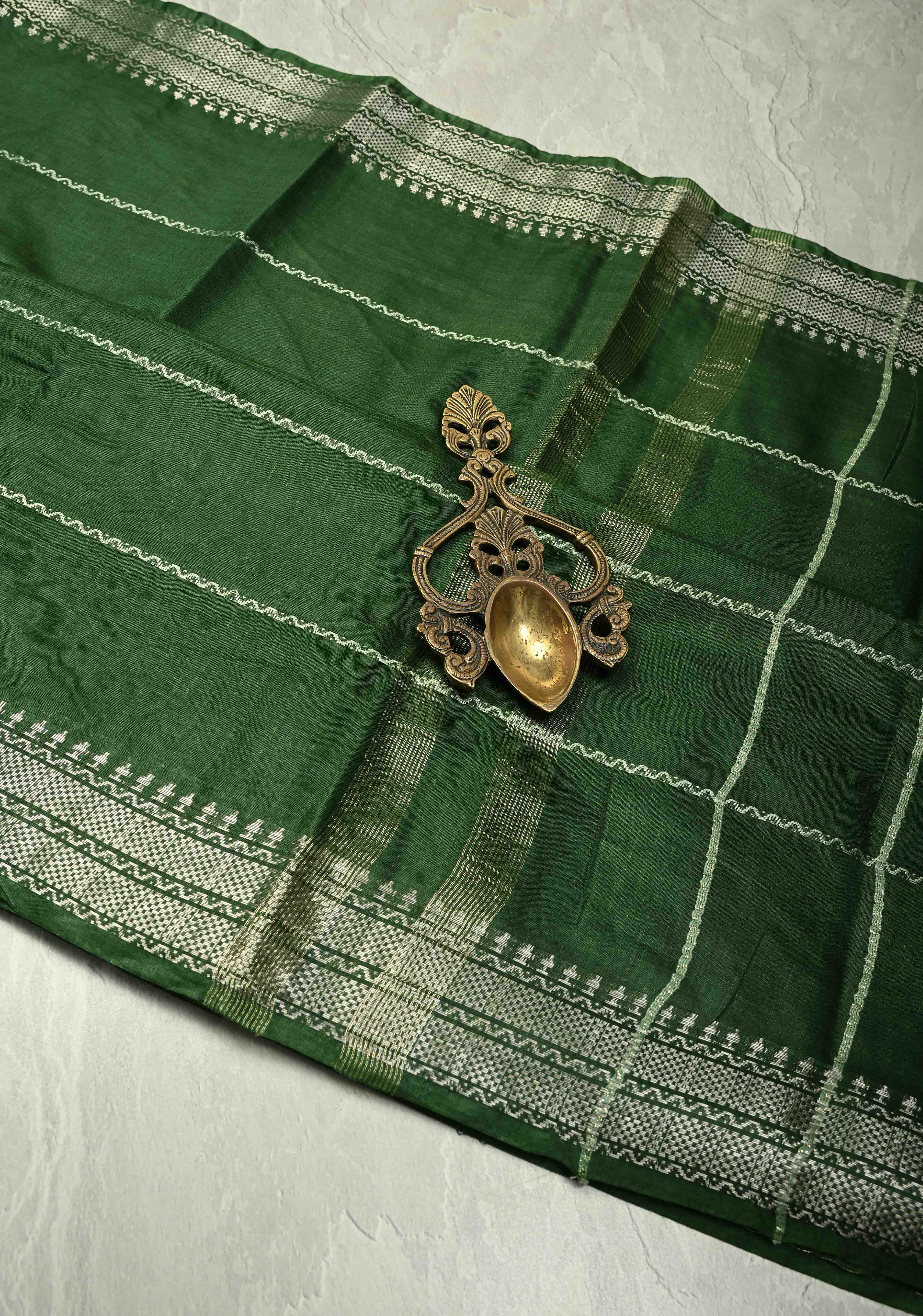 Deep Forest Green Semi Tussar Saree with Thread Stripes and Tepmle Zari Border | Shobitam - Image 2