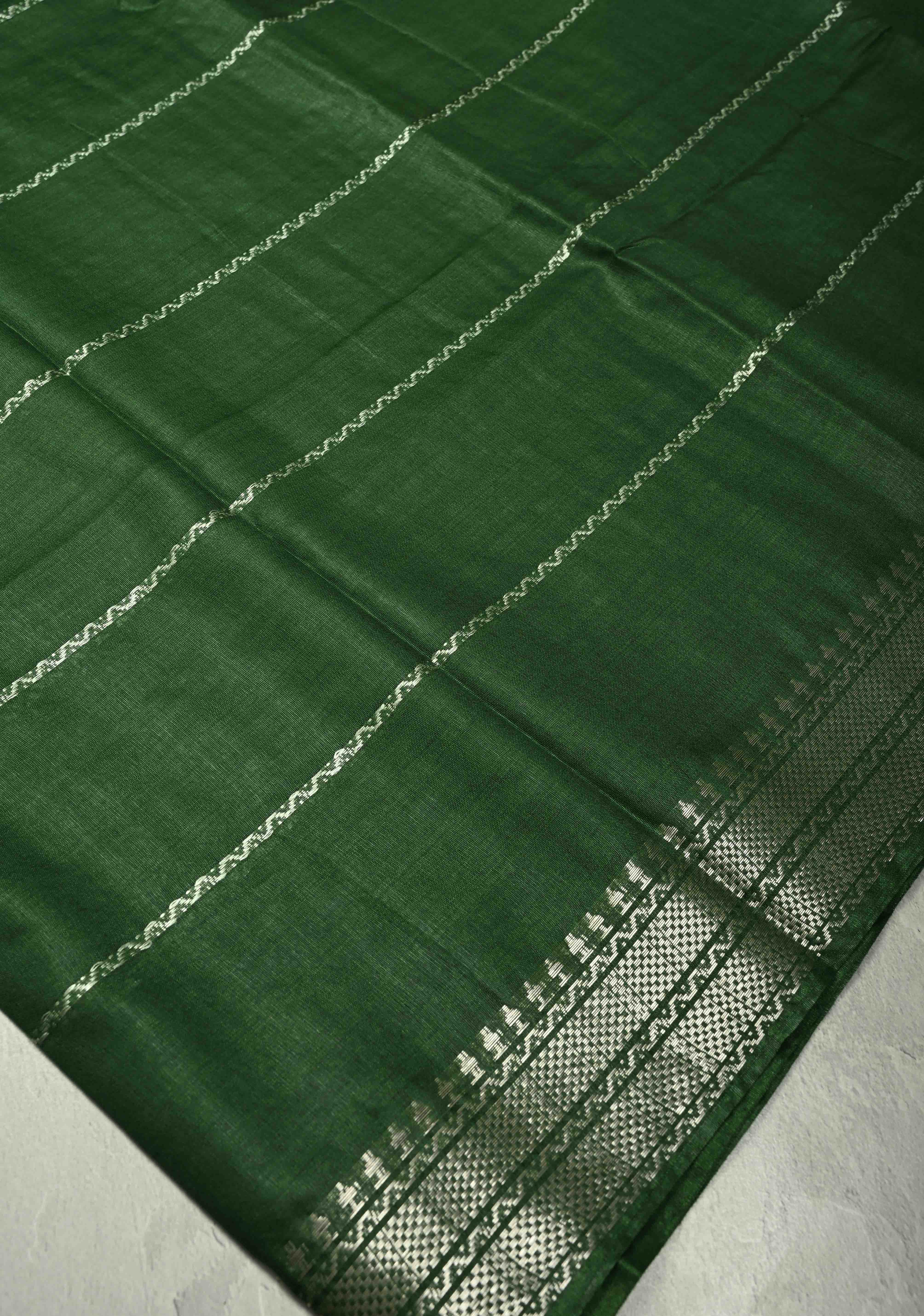 Deep Forest Green Semi Tussar Saree with Thread Stripes and Tepmle Zari Border | Shobitam - Image 4