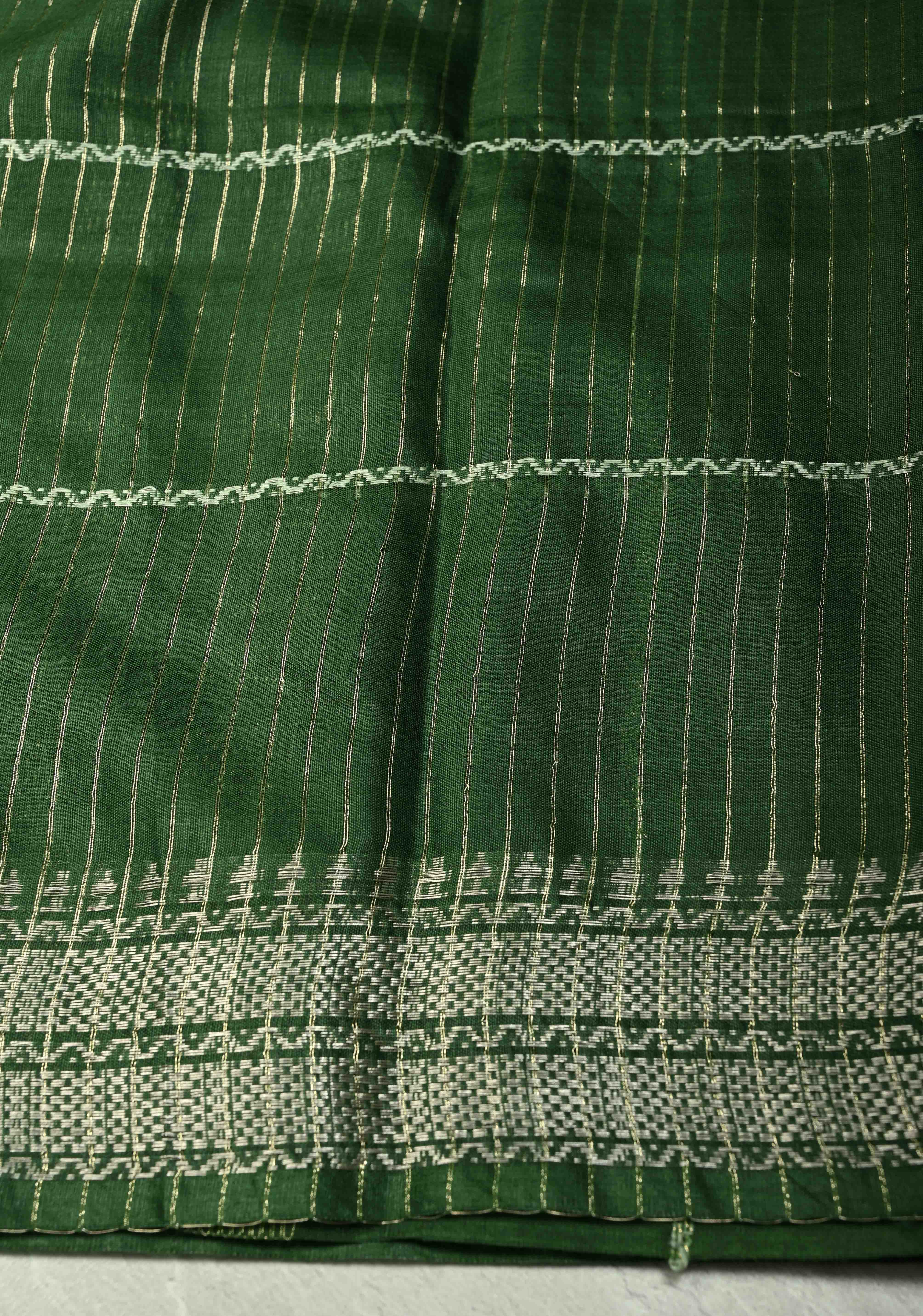 Deep Forest Green Semi Tussar Saree with Thread Stripes and Tepmle Zari Border | Shobitam - Image 6