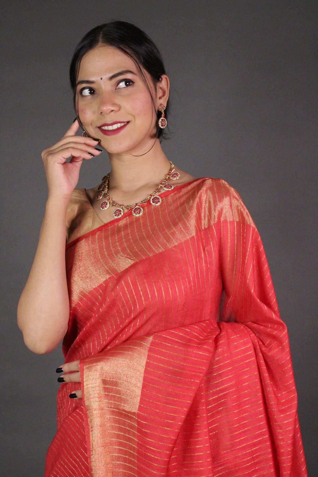 Red Premium Soft Bhagalpuri Cotton Silk with woven zari & sequin work all over Wrap in 1 minute saree - Image 6