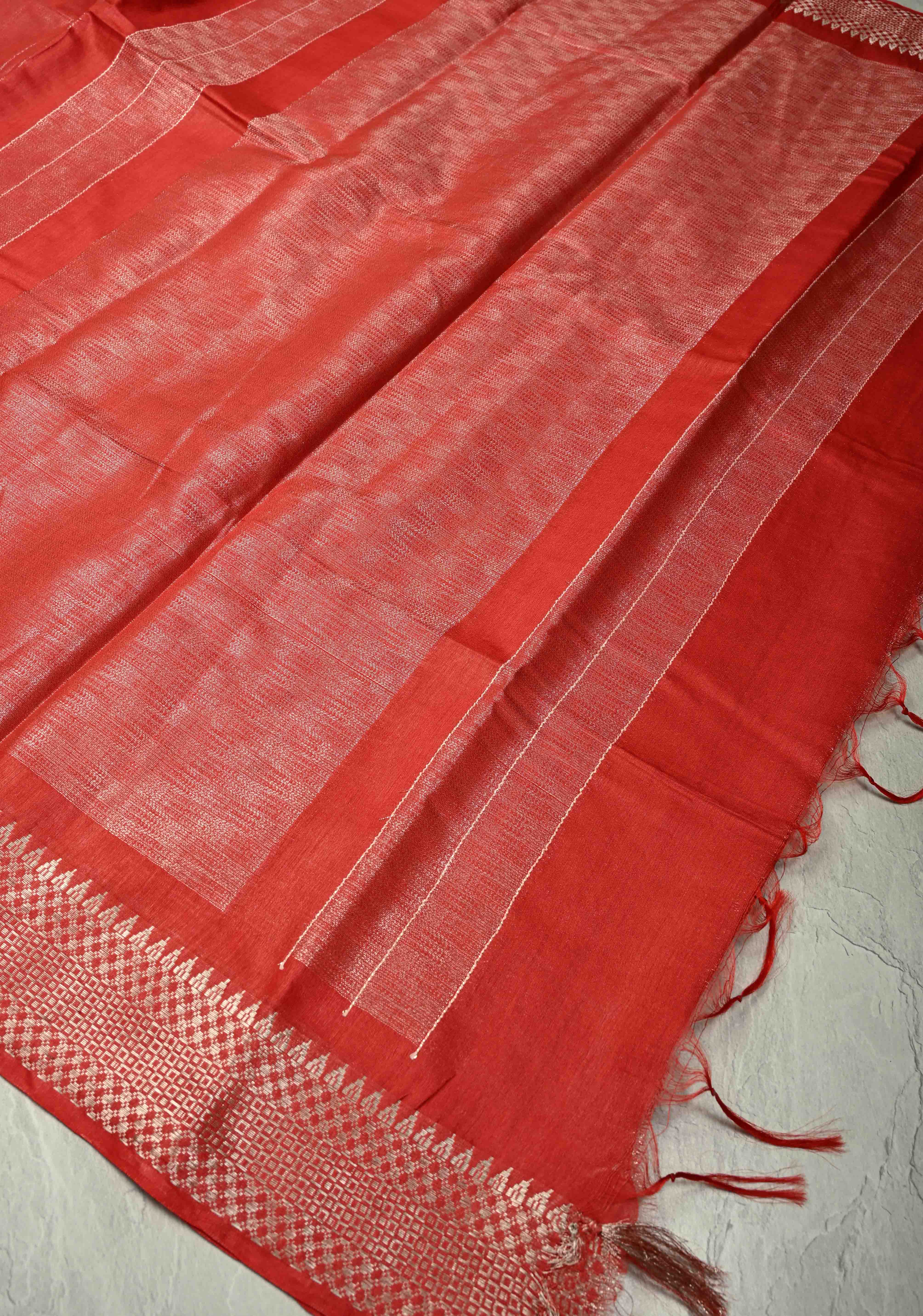 Red Semi Tussar Tissue Saree with Temple Silver Zari Border | Shobitam - Image 7