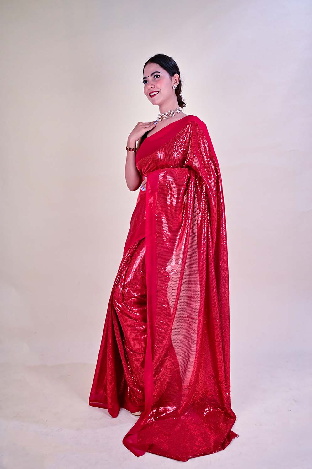 Red sequin georgette wrap in 1 minute saree - Image 3