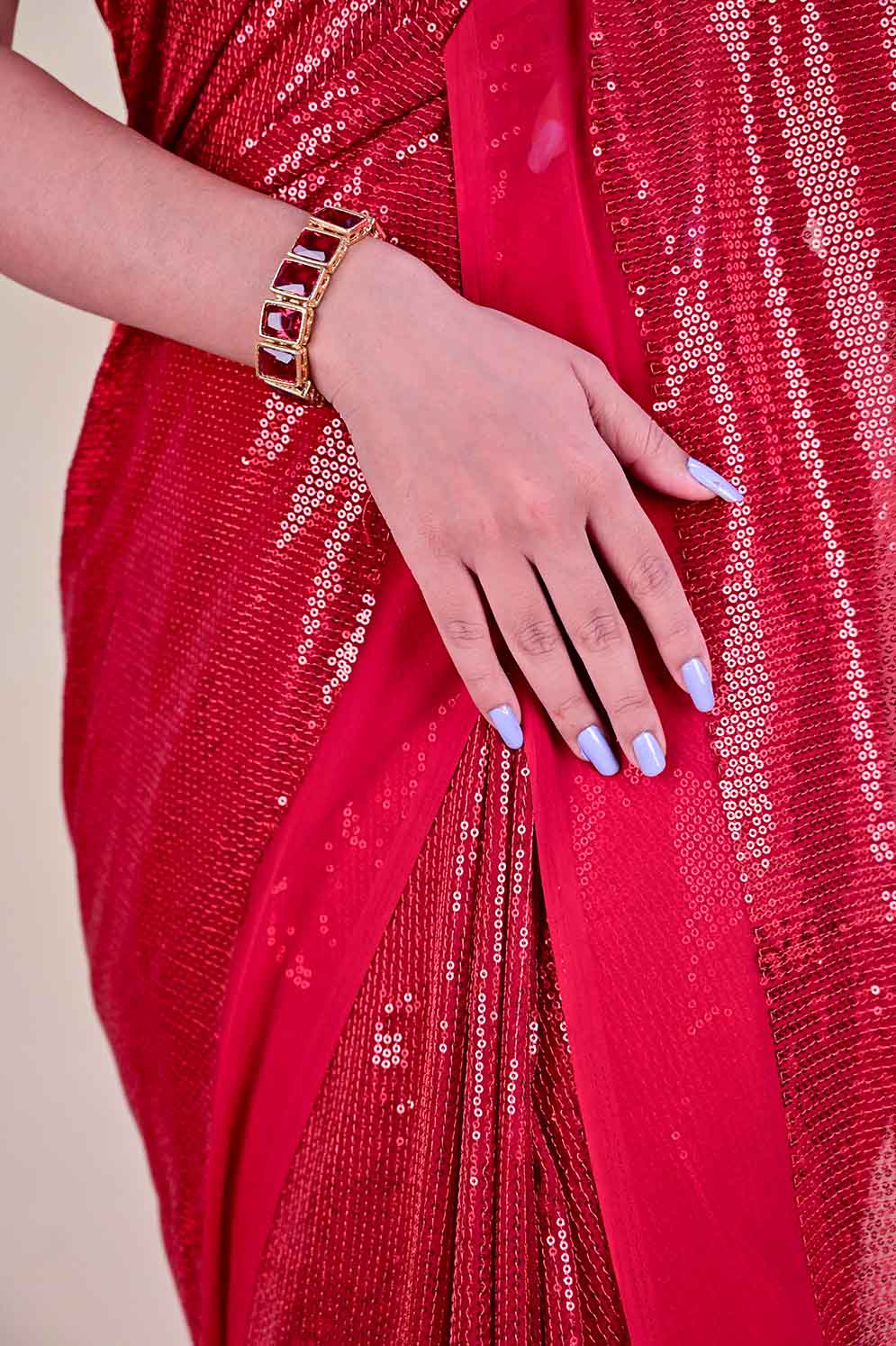 Red sequin georgette wrap in 1 minute saree - Image 4