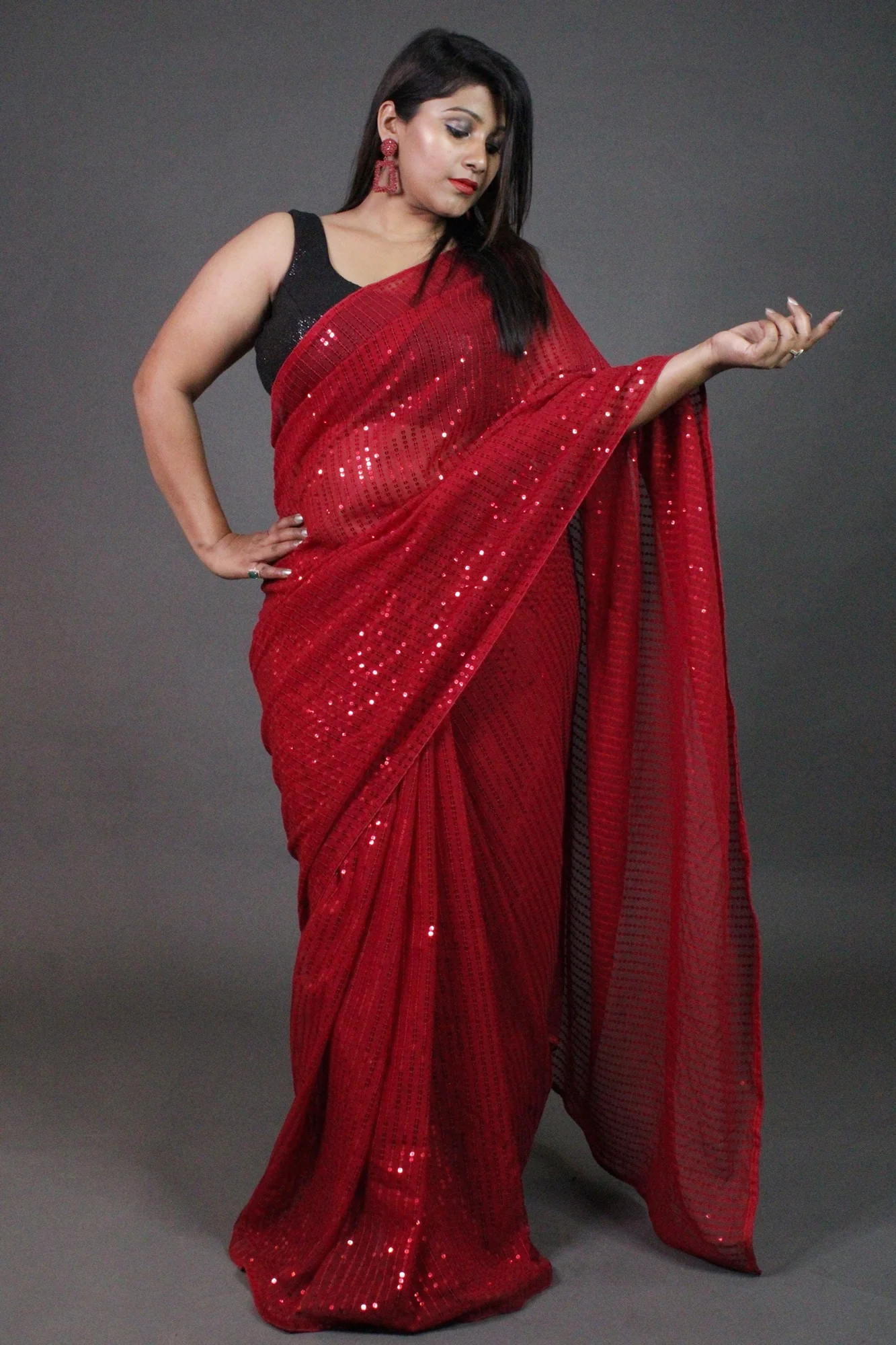 Red sequin georgette wrap in 1 minute saree - Image 5