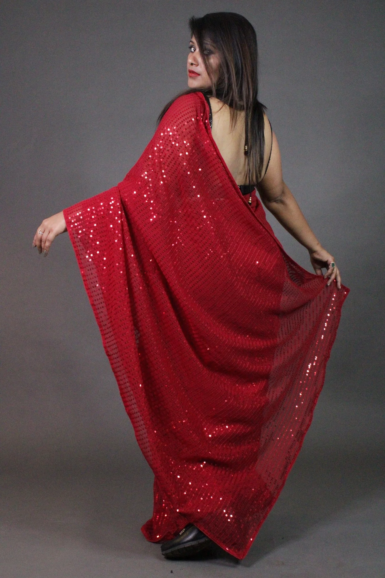 Red sequin georgette wrap in 1 minute saree - Image 7