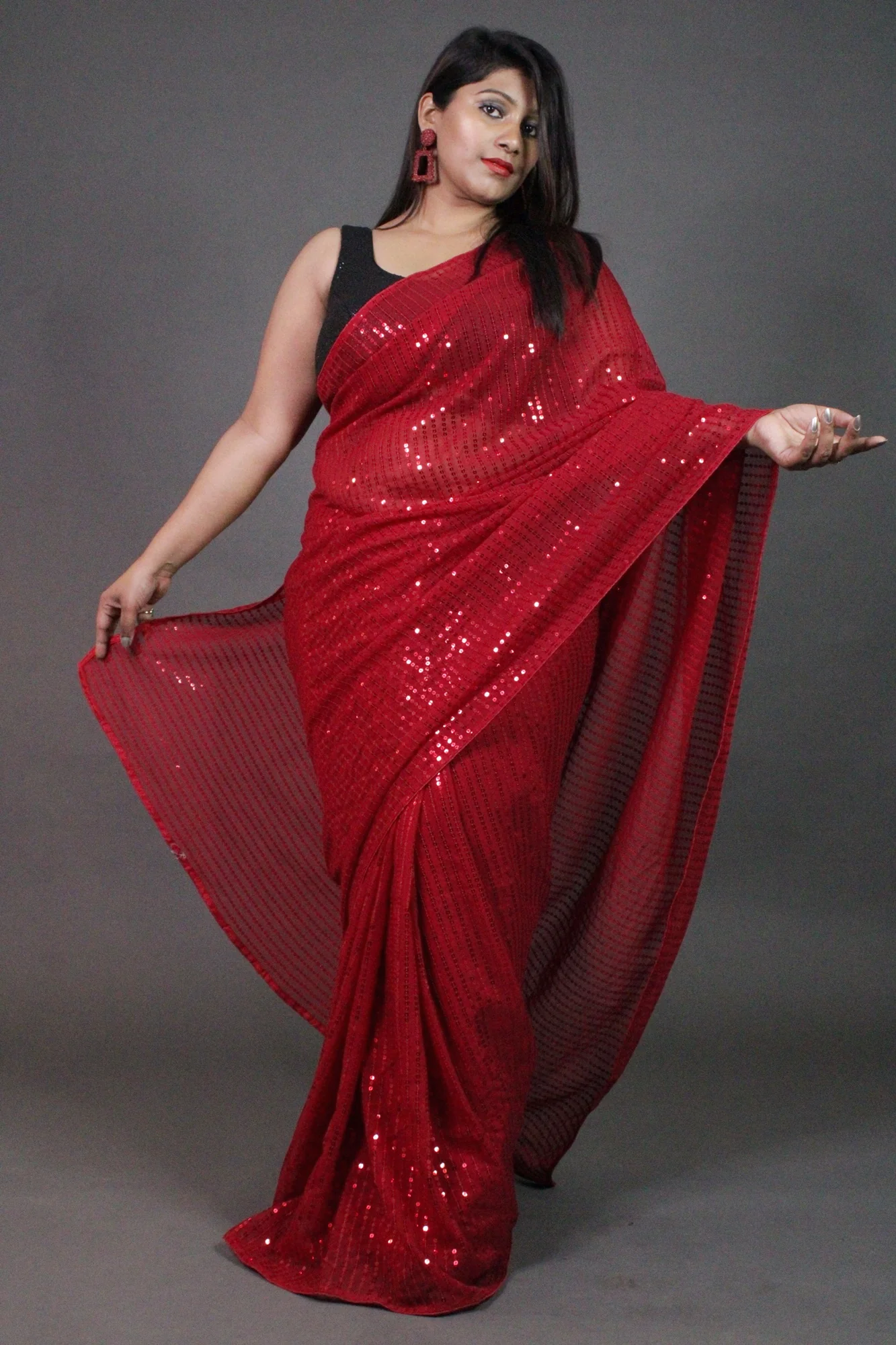 Red sequin georgette wrap in 1 minute saree - Image 8