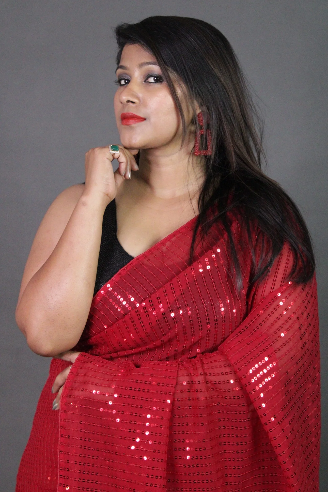 Red sequin georgette wrap in 1 minute saree - Image 9