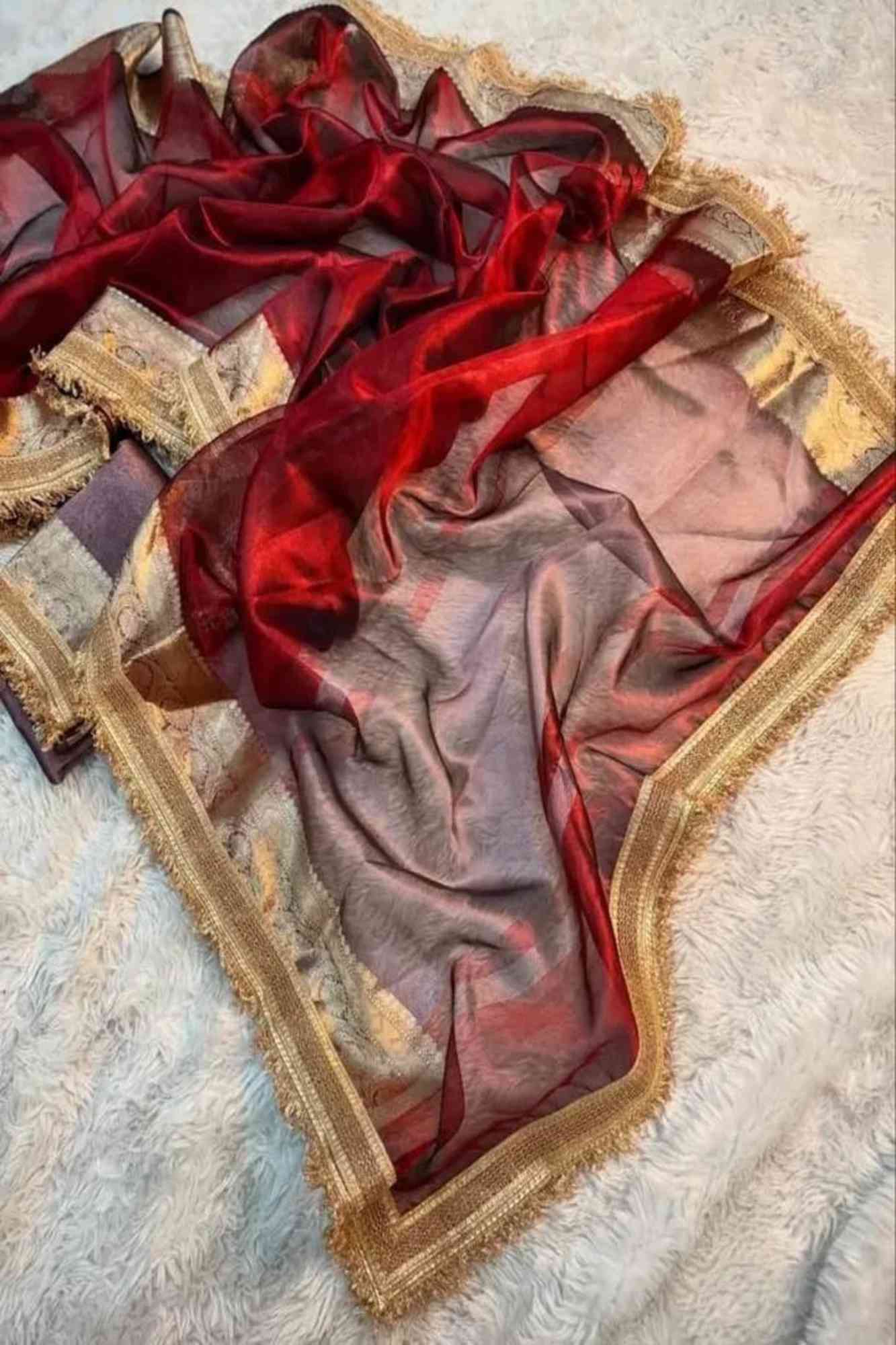 Red Tissue Silk with Golden Zari Weave & Ornate Border Ready To Wear Saree - Image 9