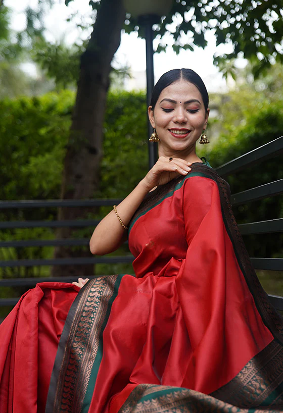 Red with Green Contrast Zari Detailed Bordered  Kanjeevaram Silk Wrap in 1 Minute Saree - Image 5