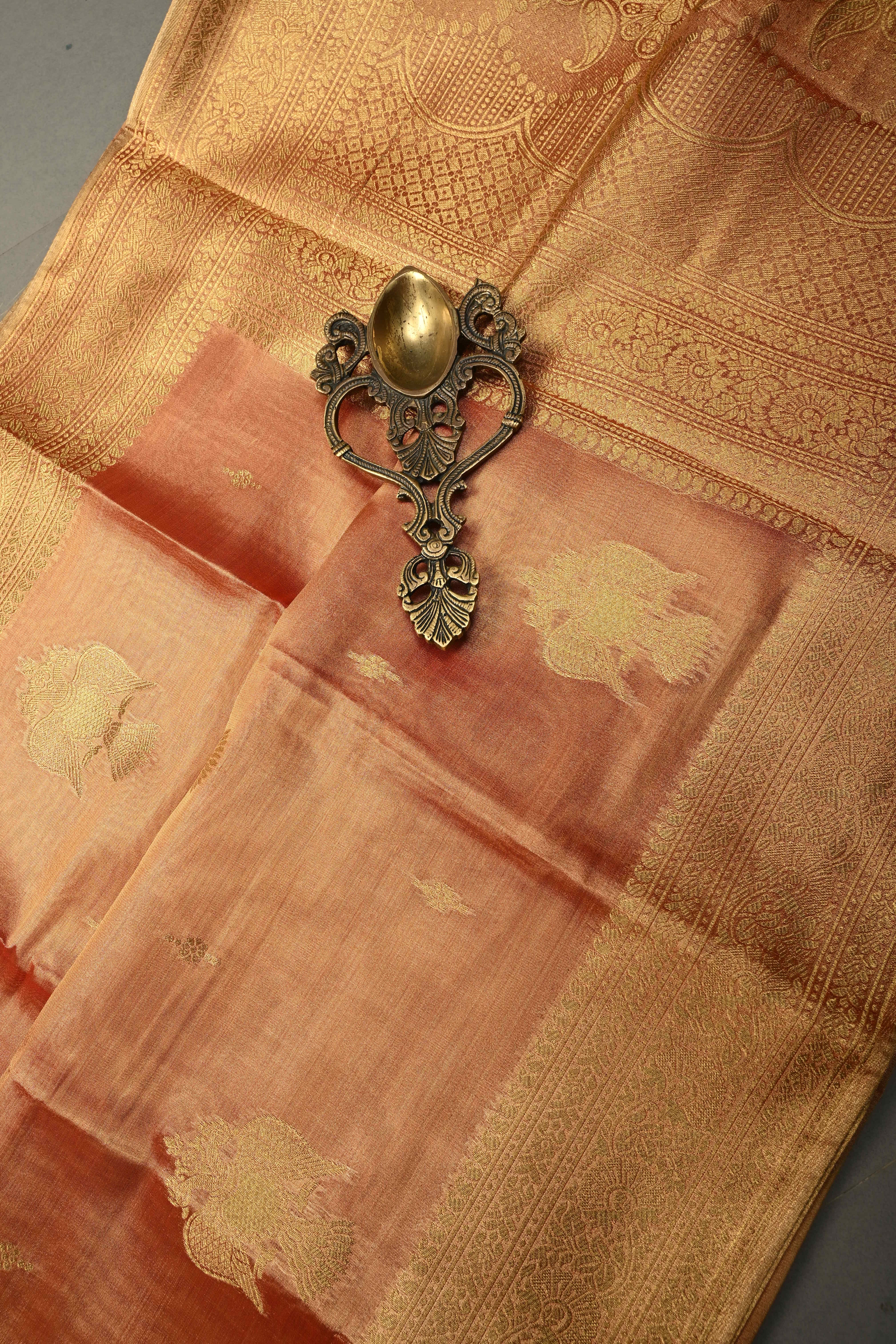 Reddish-Gold Kanchi Tissue Semi Silk Saree with Gandaberunda Zari Buttas and Zari Border | Shobitam - Image 5