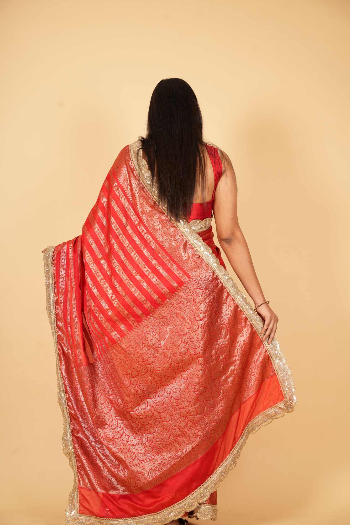 Regal Red Banarasi-Inspired Soft Warm Silk Ready To Wear Saree - Image 4