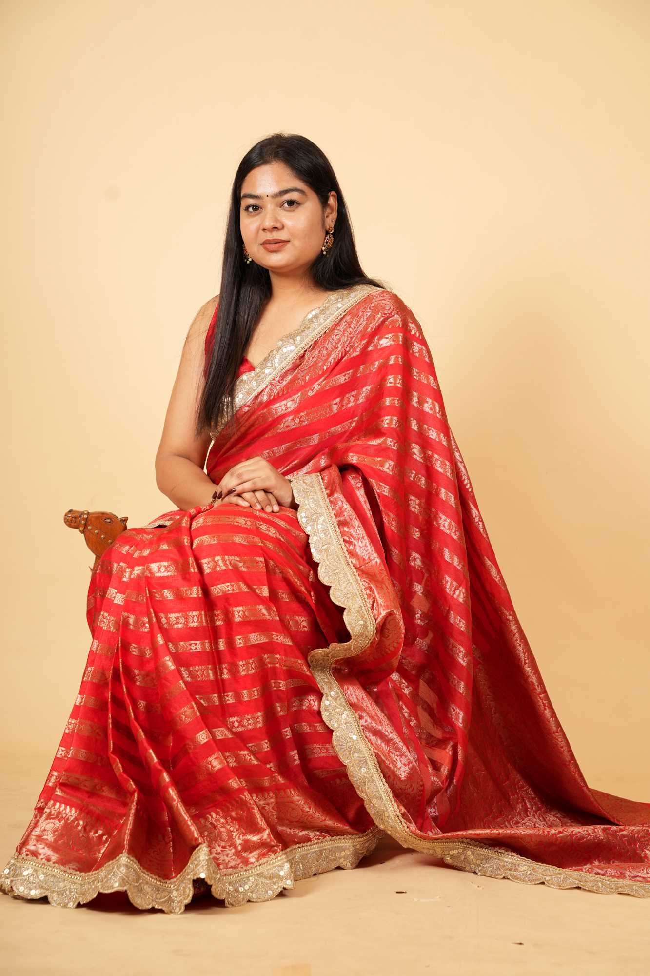 Regal Red Banarasi-Inspired Soft Warm Silk Ready To Wear Saree - Image 9