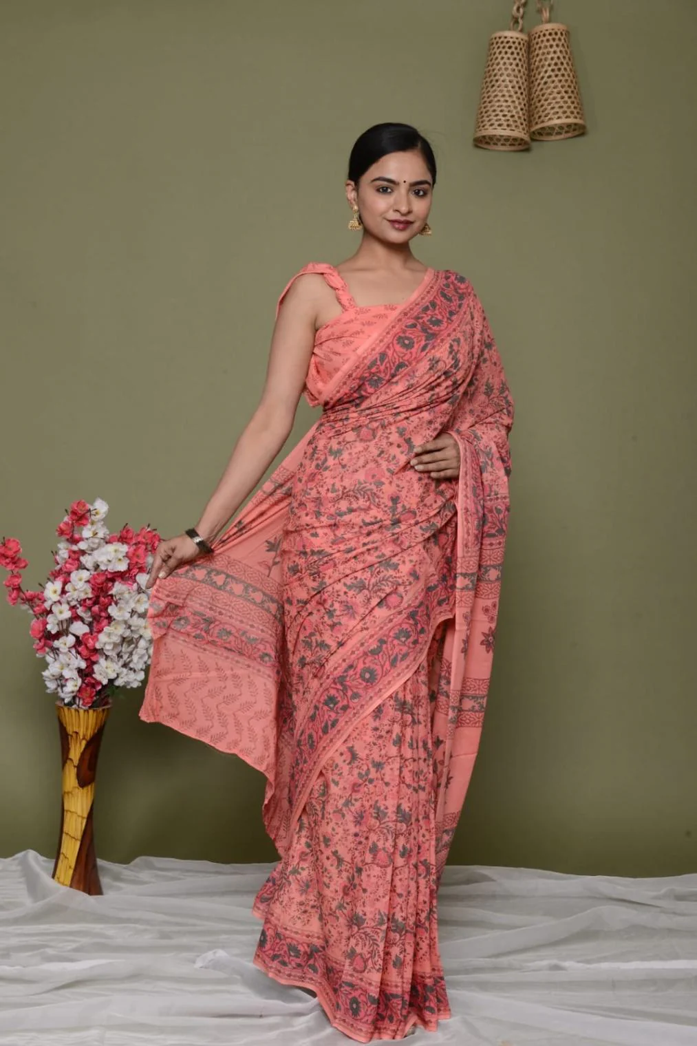 Regal summer saree Jaipuri Sanganeri mulmul ready to wear saree - Image 7