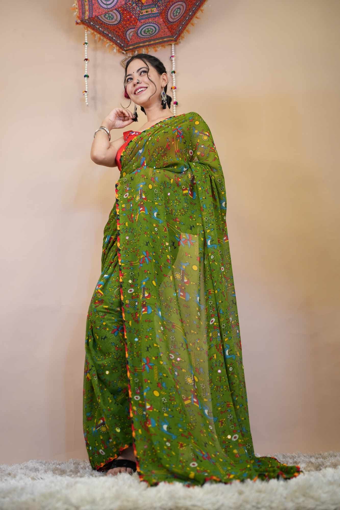 Rich Green Georgette Artistic Printed  With Thread Aari work Border Wrap in 1 minute saree - Image 6