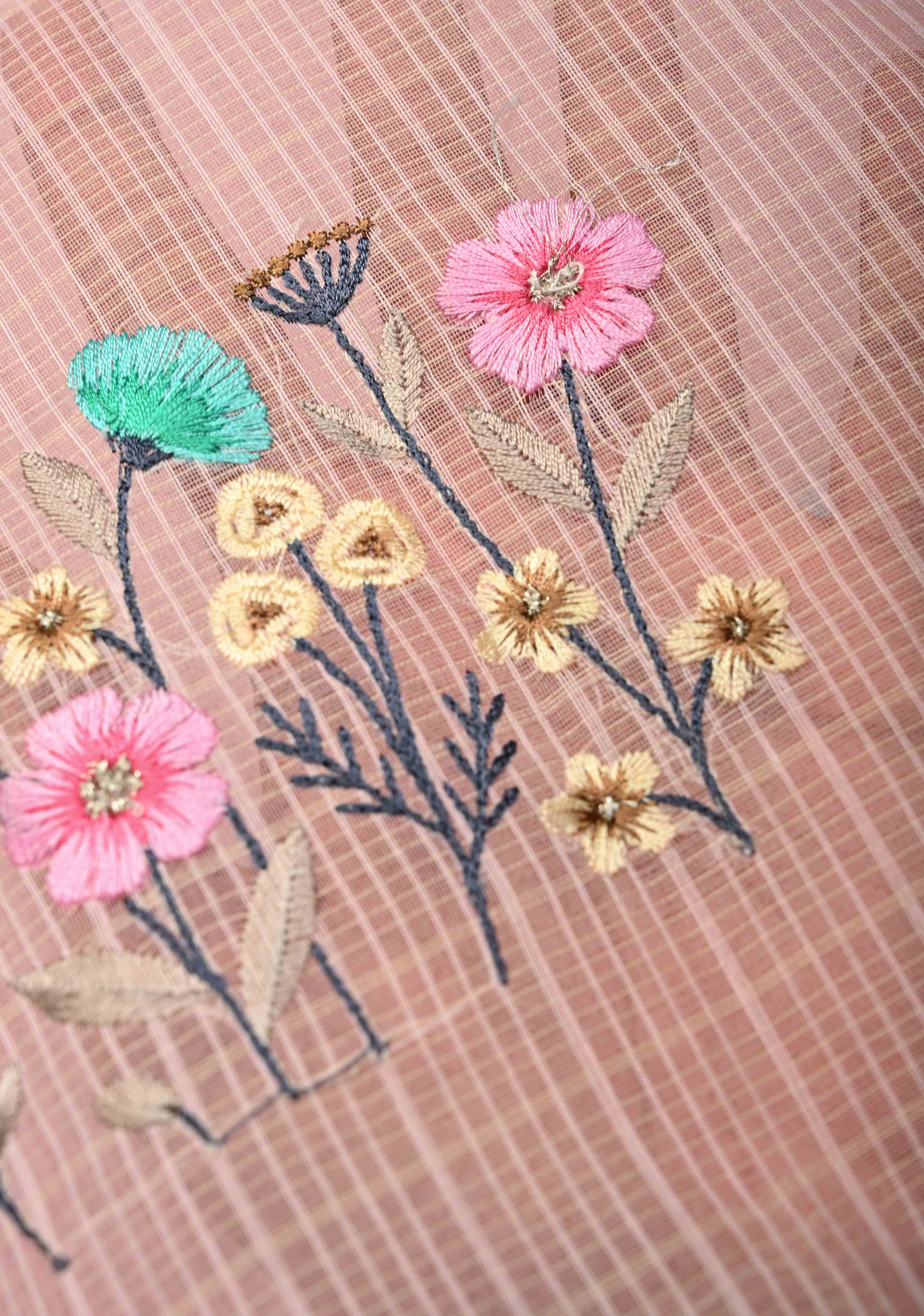 Rose Milk Kota Doria Cotton Saree with Meenakari Floral Machine Embroidery and Minimal Zari Border | Shobitam - Image 4