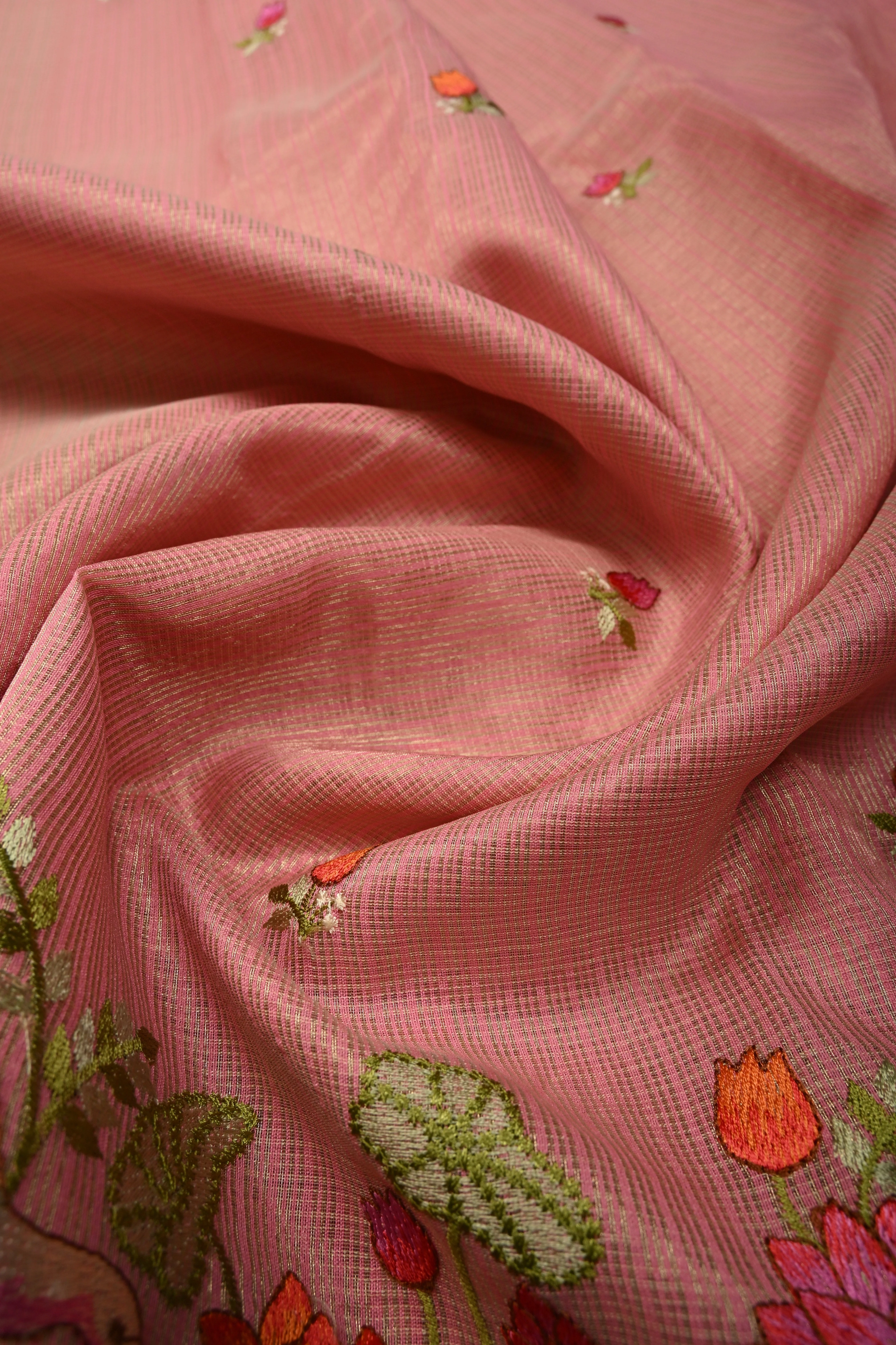 Rose Pink Meenakari Embroidery on Kota Doria Tissue Saree with Floral and Crane Scalloped Border | Shobitam - Image 3