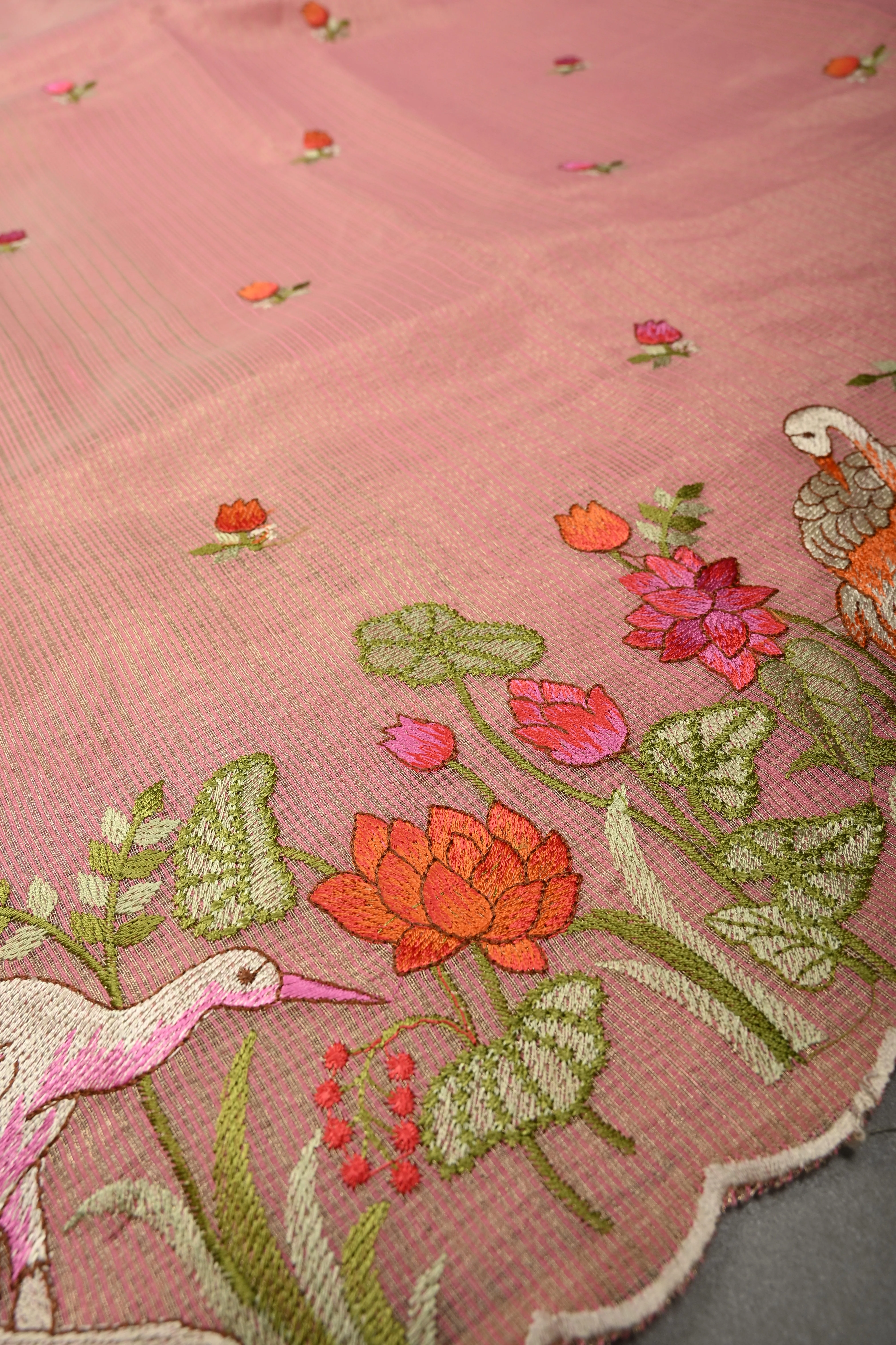 Rose Pink Meenakari Embroidery on Kota Doria Tissue Saree with Floral and Crane Scalloped Border | Shobitam - Image 6