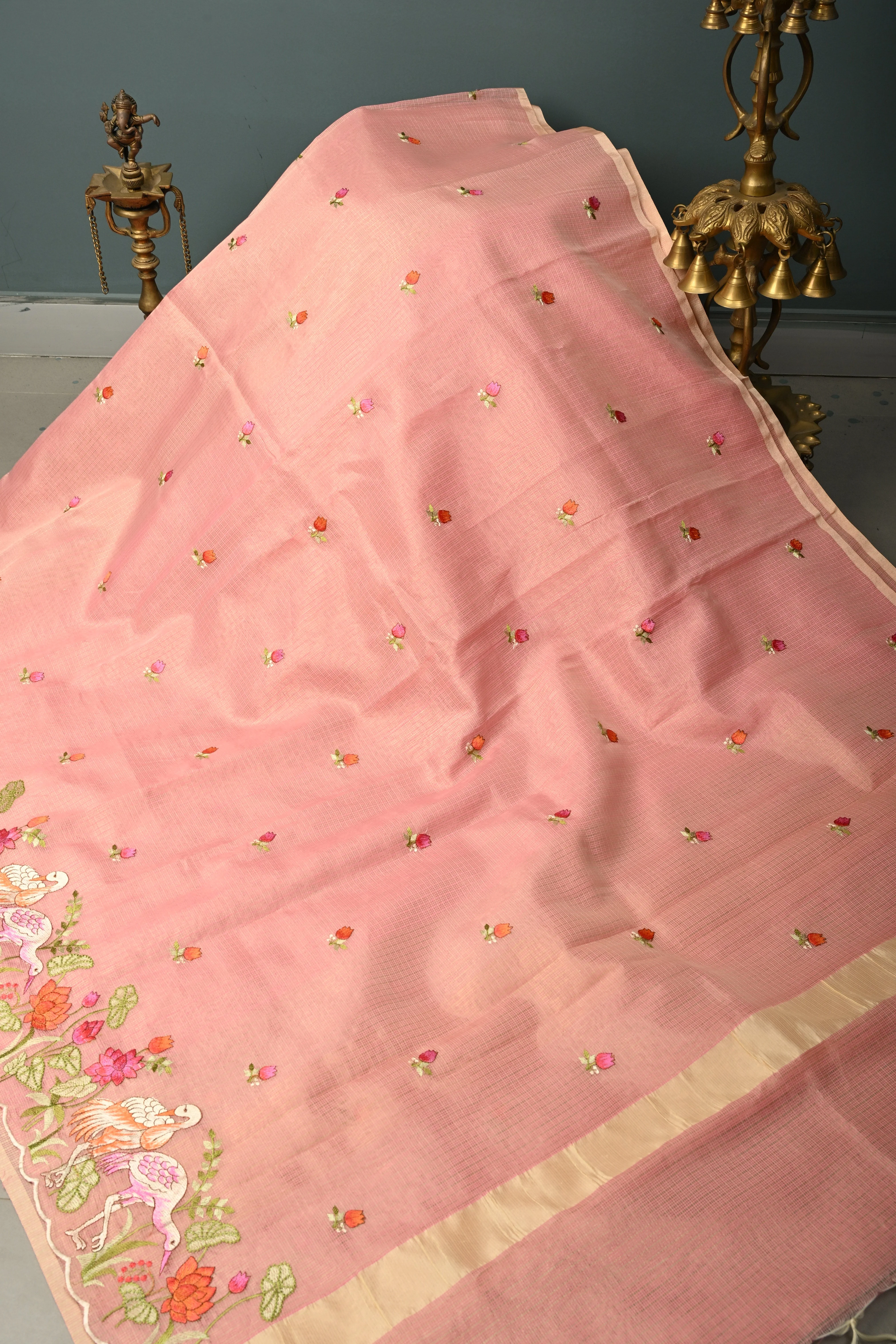 Rose Pink Meenakari Embroidery on Kota Doria Tissue Saree with Floral and Crane Scalloped Border | Shobitam - Image 8