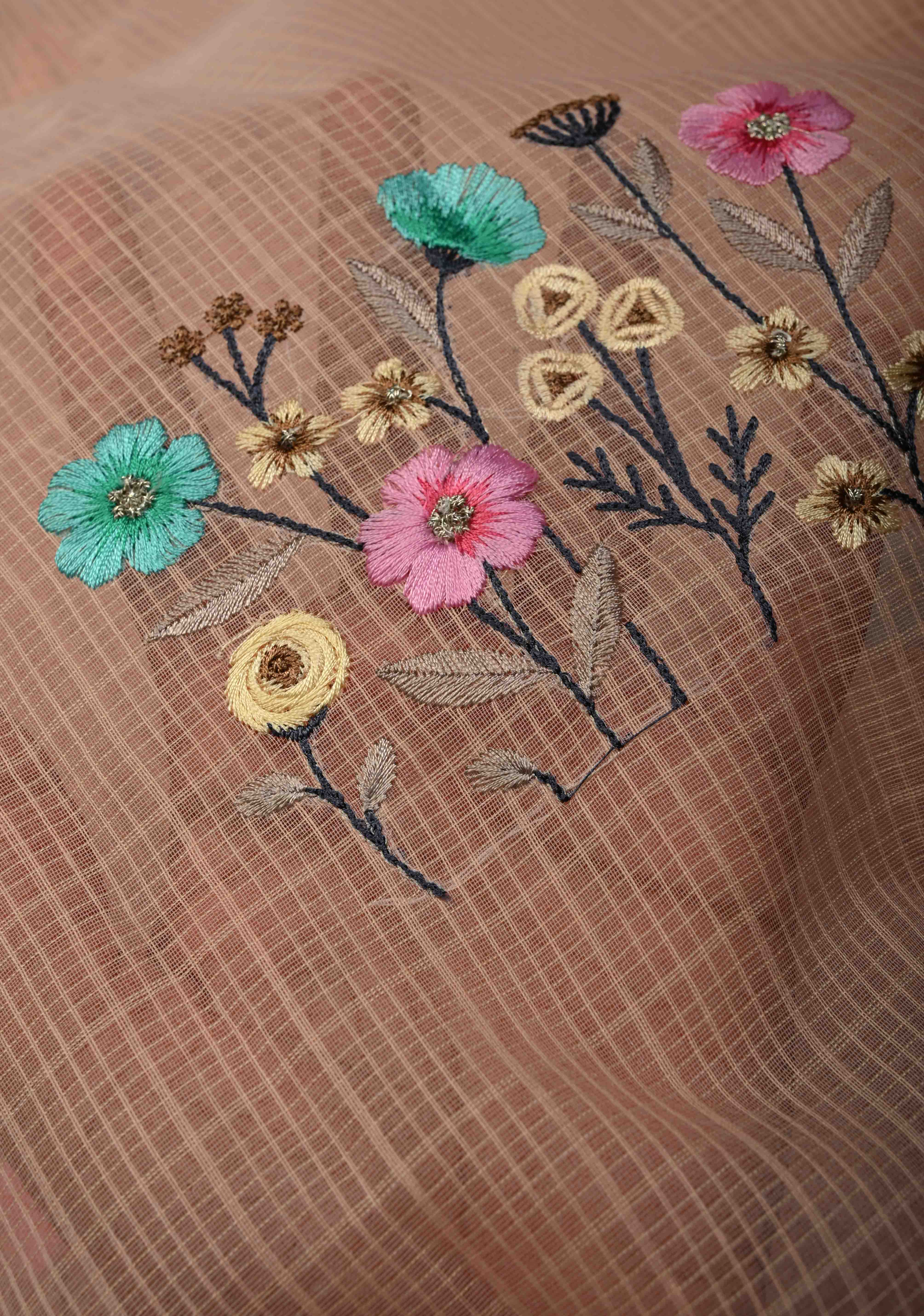Soft Peach Blush Kota Doria Cotton Saree with Meenakari Floral Machine Embroidery and Minimal Zari Border | Shobitam - Image 3