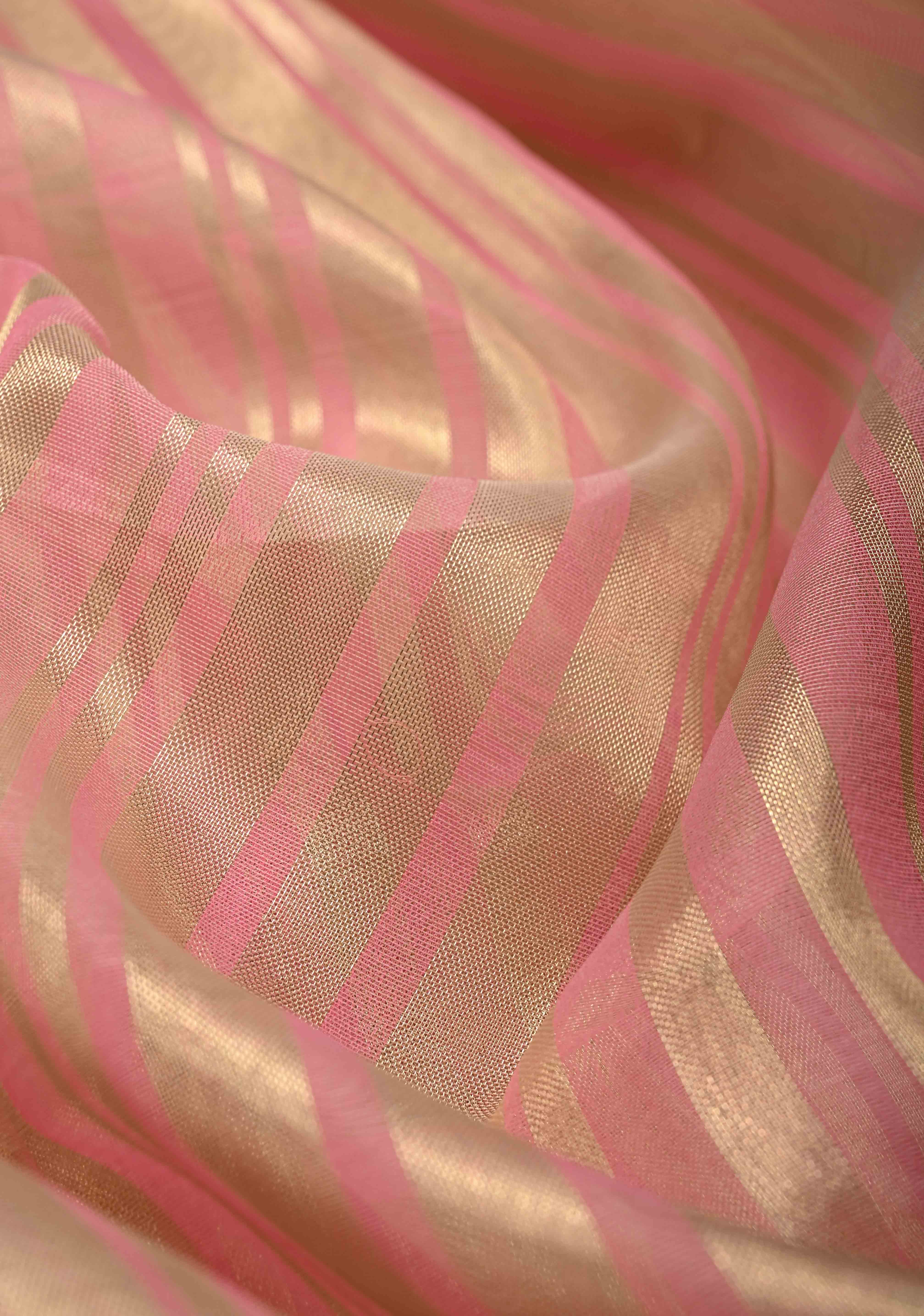 Rose Pink Semi Kora Saree with Tissue Stripes and Minimal Zari Border | Shobitam - Image 3