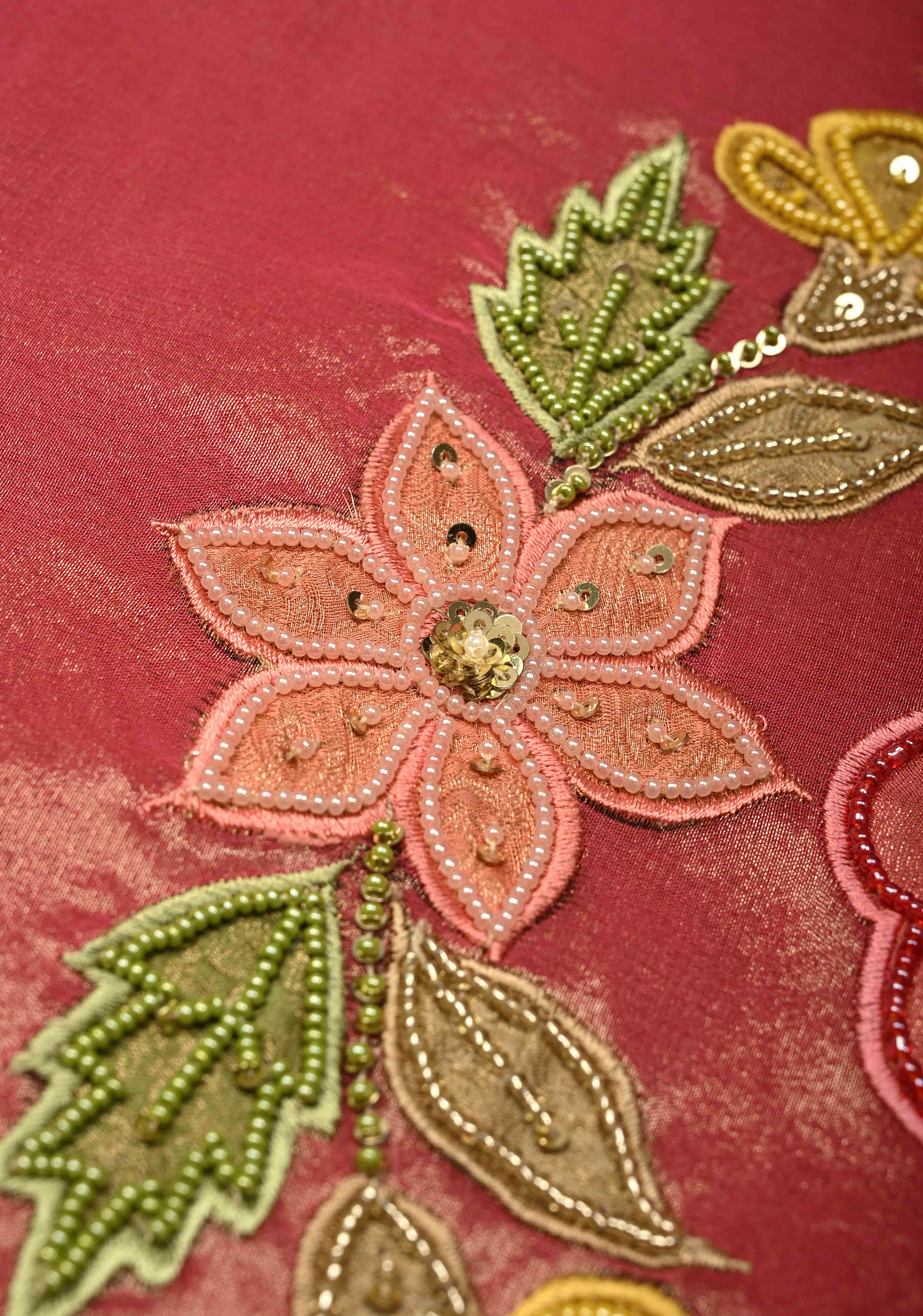 Rose Pink Vegan Organza Tissue Saree with Applique-Moti, Sequins Hand Embroidery and Scallop Border | Shobitam - Image 5