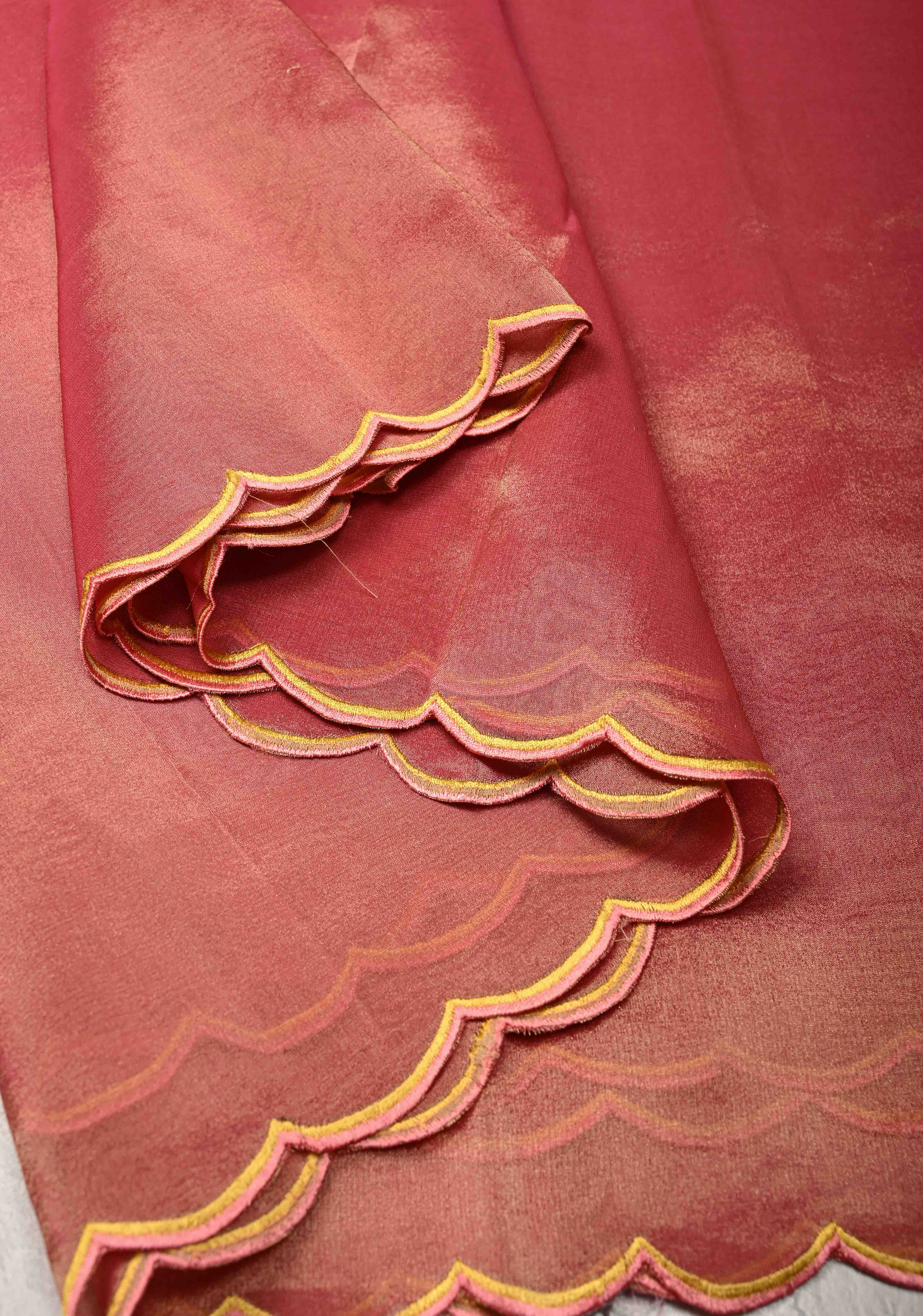 Rose Pink Vegan Organza Tissue Saree with Applique-Moti, Sequins Hand Embroidery and Scallop Border | Shobitam - Image 7