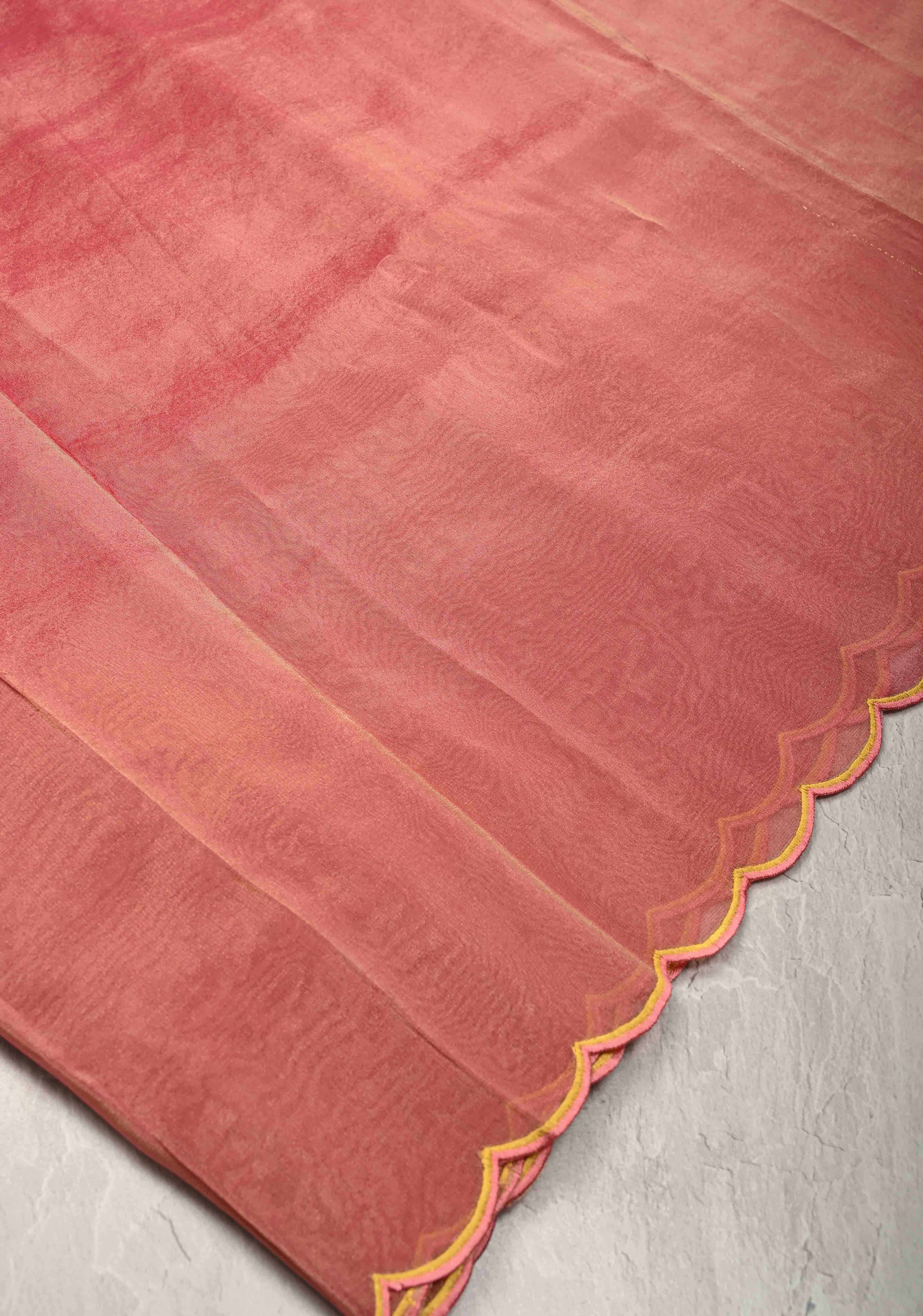Rose Pink Vegan Organza Tissue Saree with Applique-Moti, Sequins Hand Embroidery and Scallop Border | Shobitam - Image 8