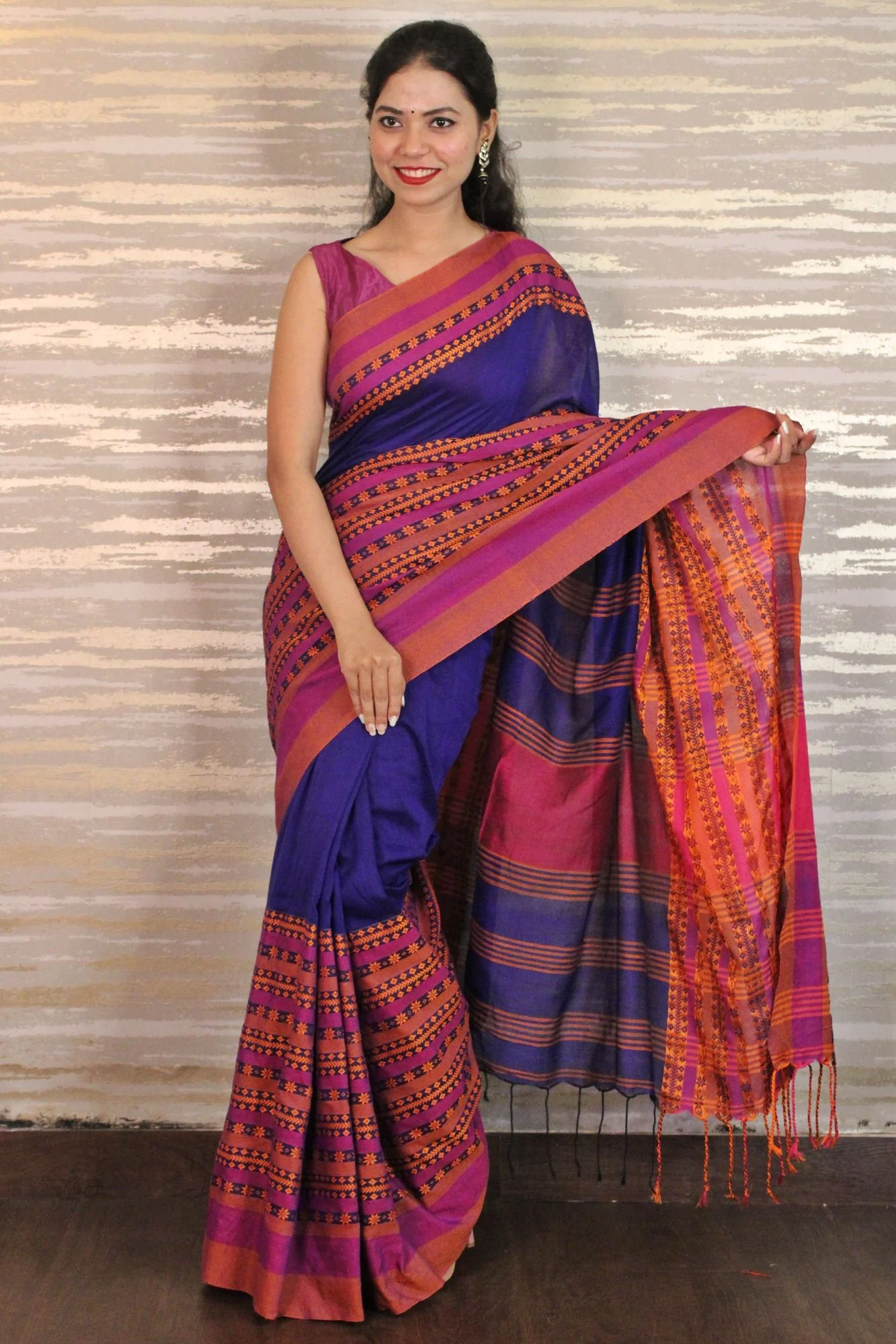 Royal blue and pink Begampuri woven wrap in 1 minute saree - Image 2