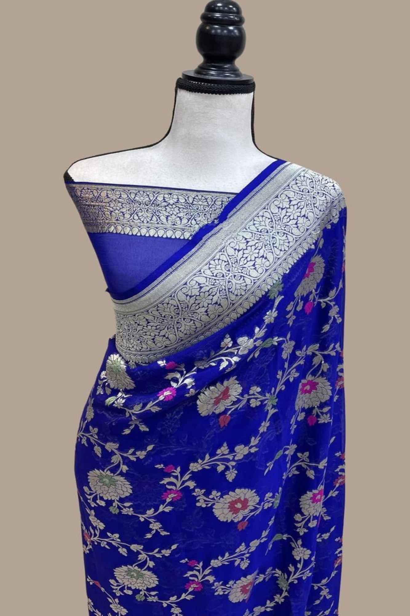 Royal Blue Jaal Embroidery Georgette silk with mina work ready to wear saree - Image 11