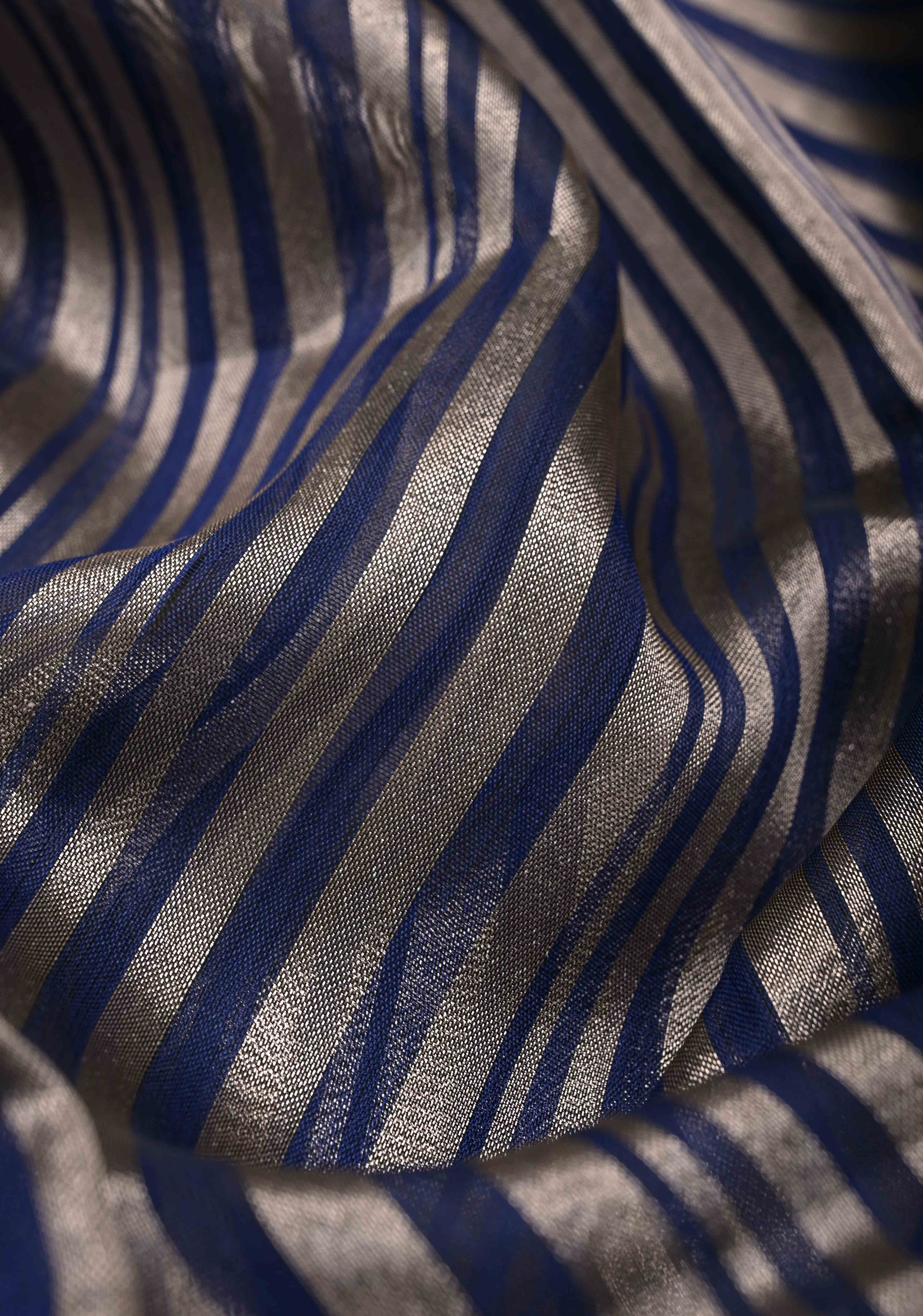 Royal Blue Semi Kora Saree with Tissue Stripes and Zari Border | Shobitam - Image 3