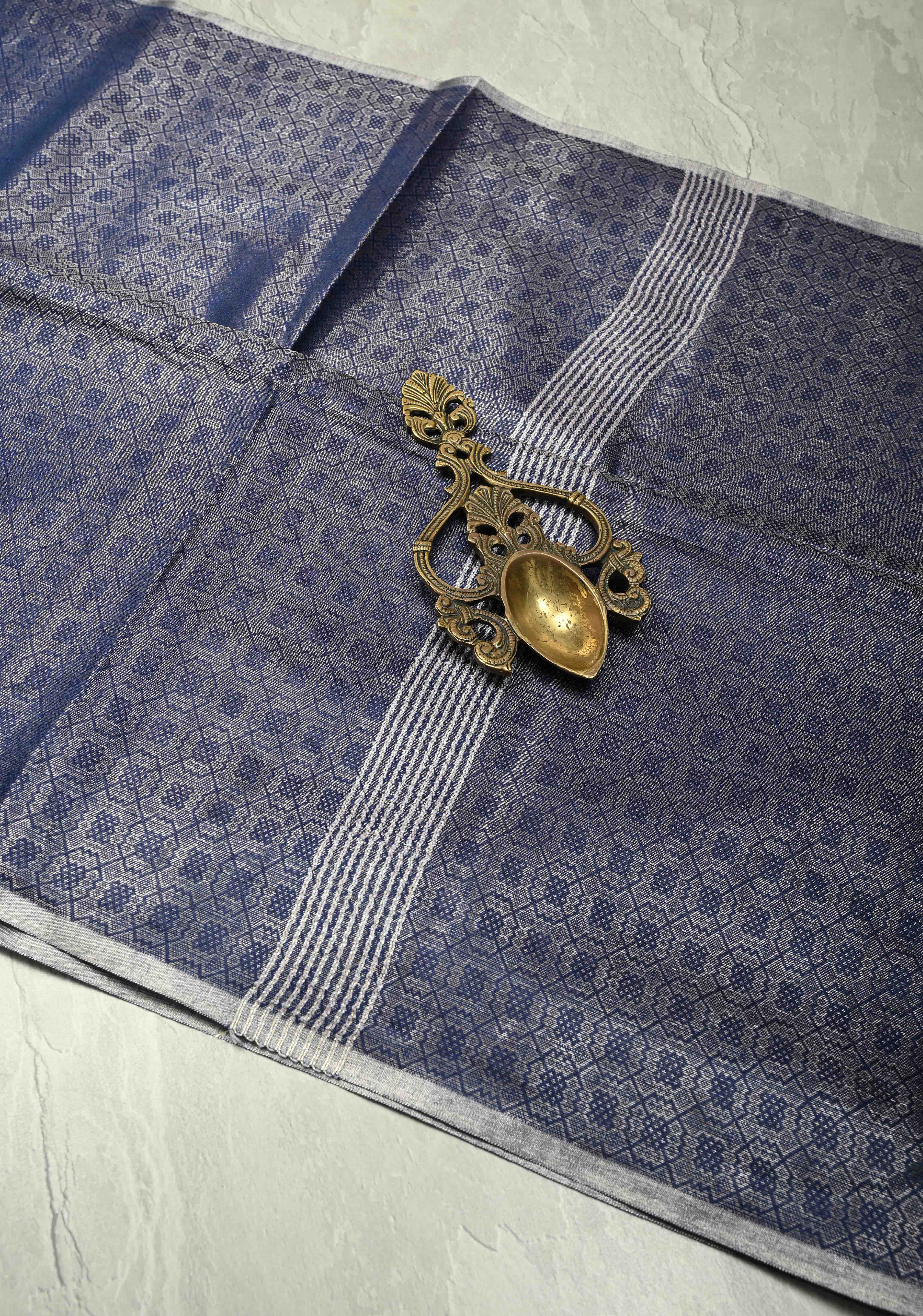 Royal Blue Semi Tussar Saree with Zari Brocade and Minimal Silver Zari Border | Shobitam - Image 2