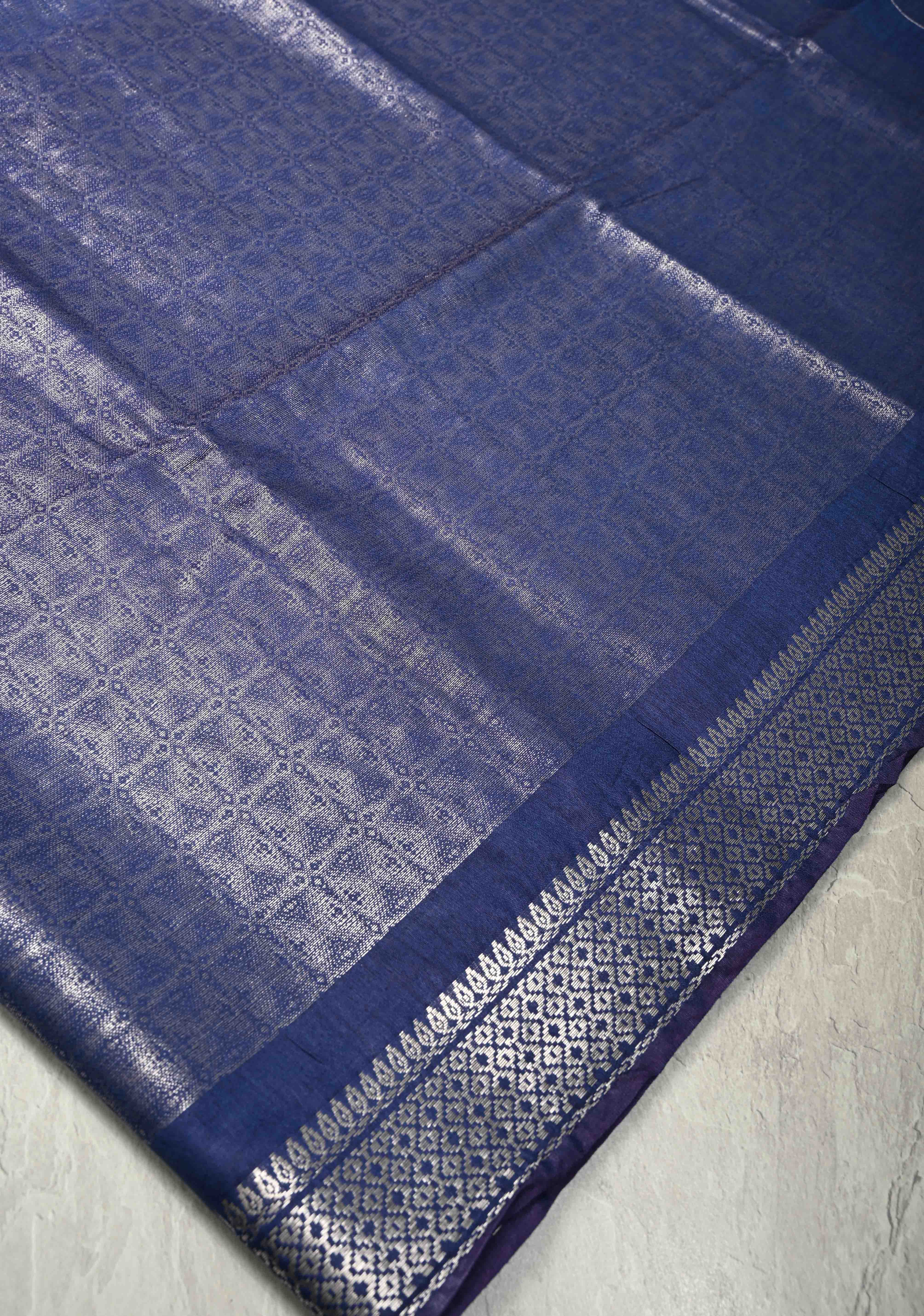 Royal Blue Semi Tussar Tissue Saree with Zari Border | Shobitam - Image 4