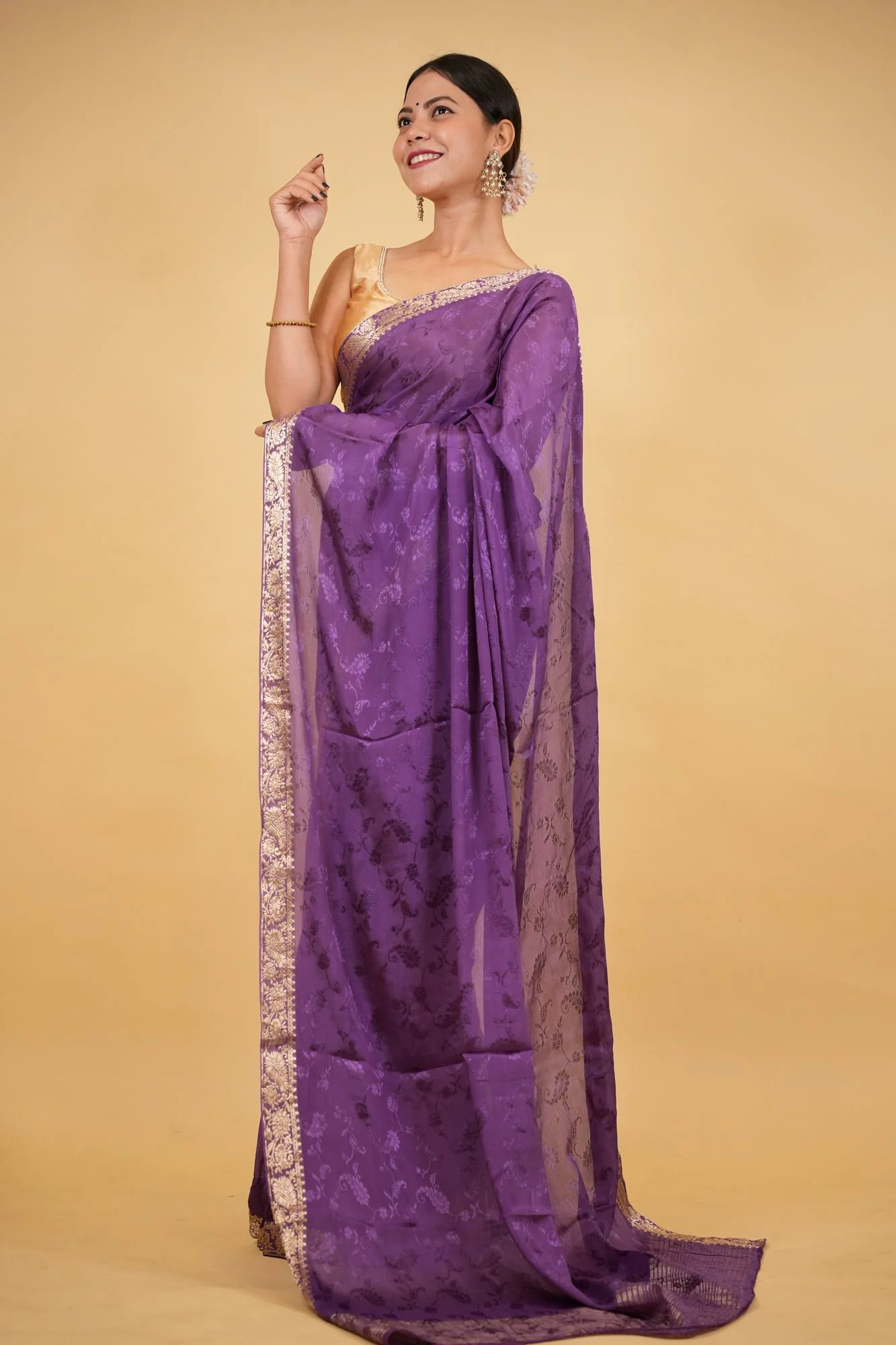Royal Purple Viscose Chinon with Elegant All-Over Weaving Pattern Ready To Wear Saree - Image 8