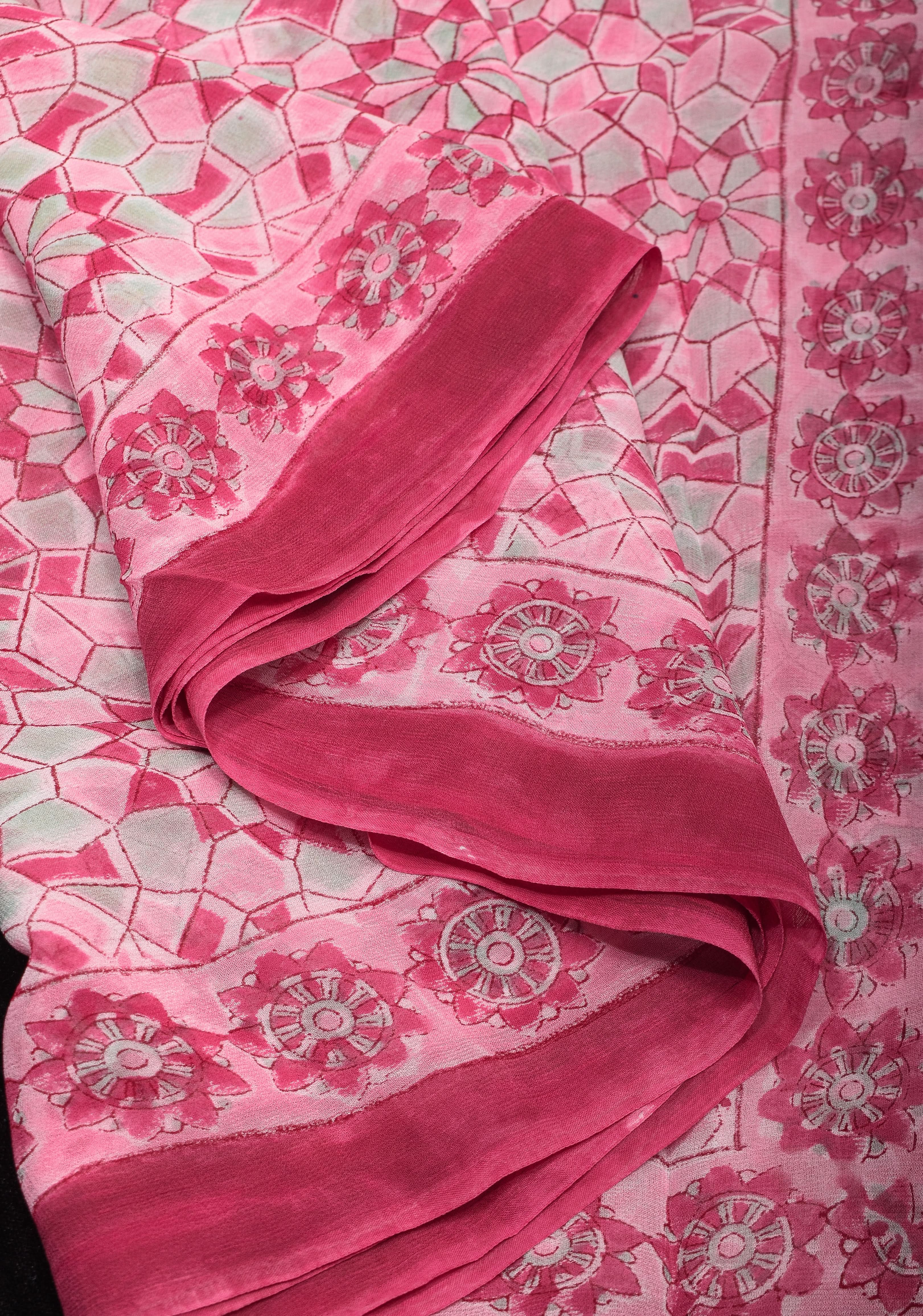 Pink Georgette Saree with Sanganeri Hand Block Print | Shobitam - Image 4