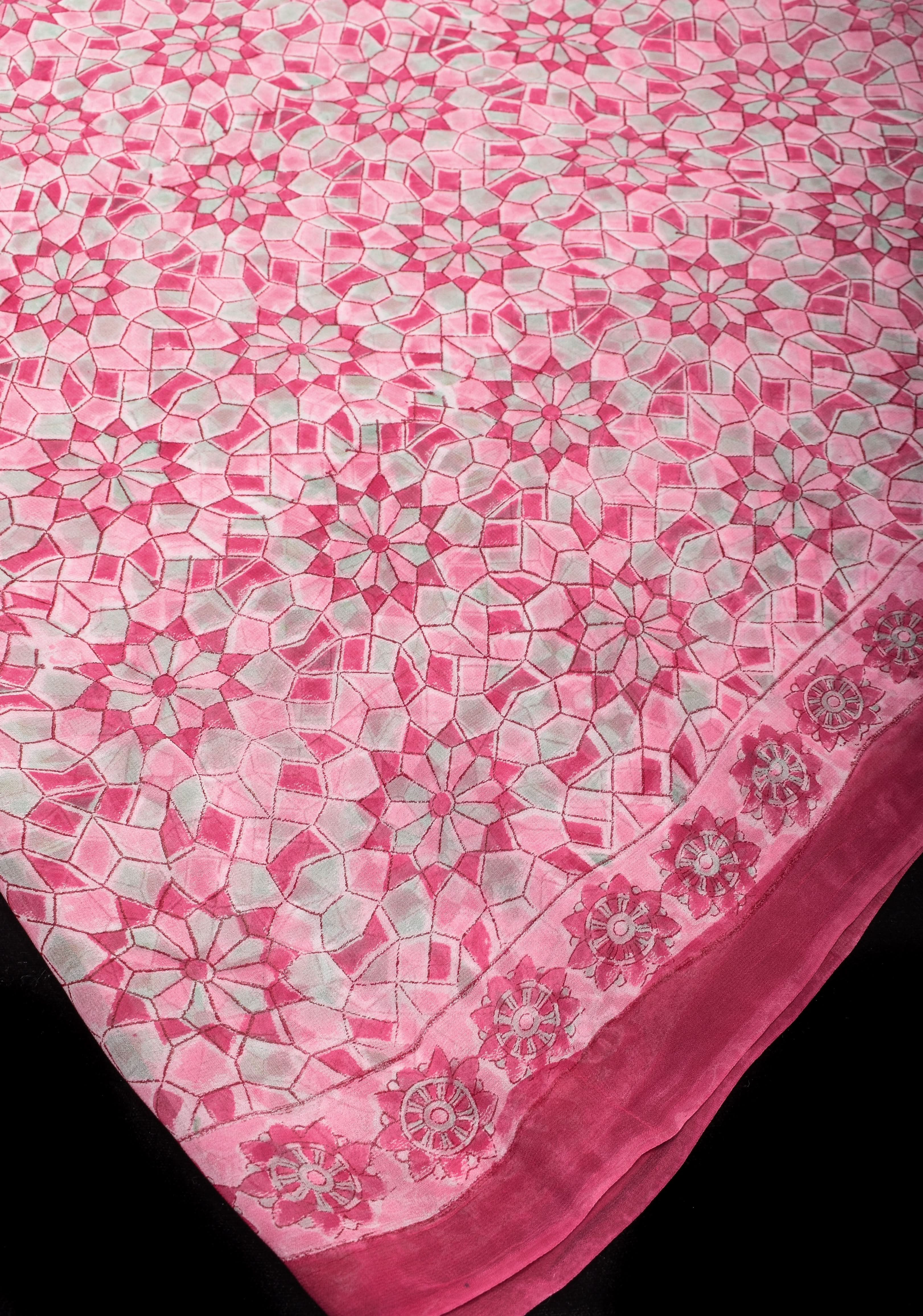 Pink Georgette Saree with Sanganeri Hand Block Print | Shobitam - Image 5