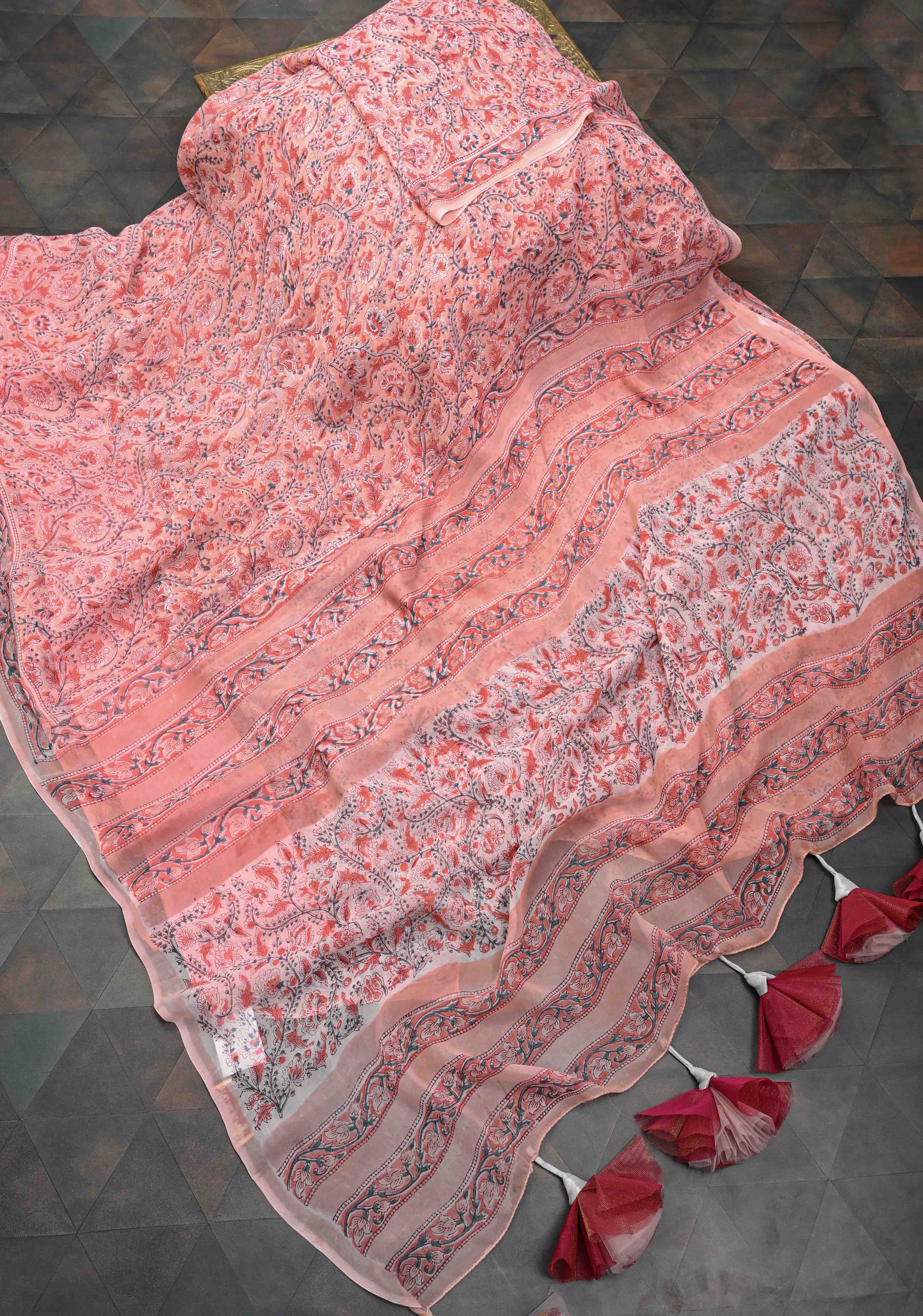 Peach Pink Georgette Saree with Sanganeri Hand Block Print with long net tassels | Shobitam