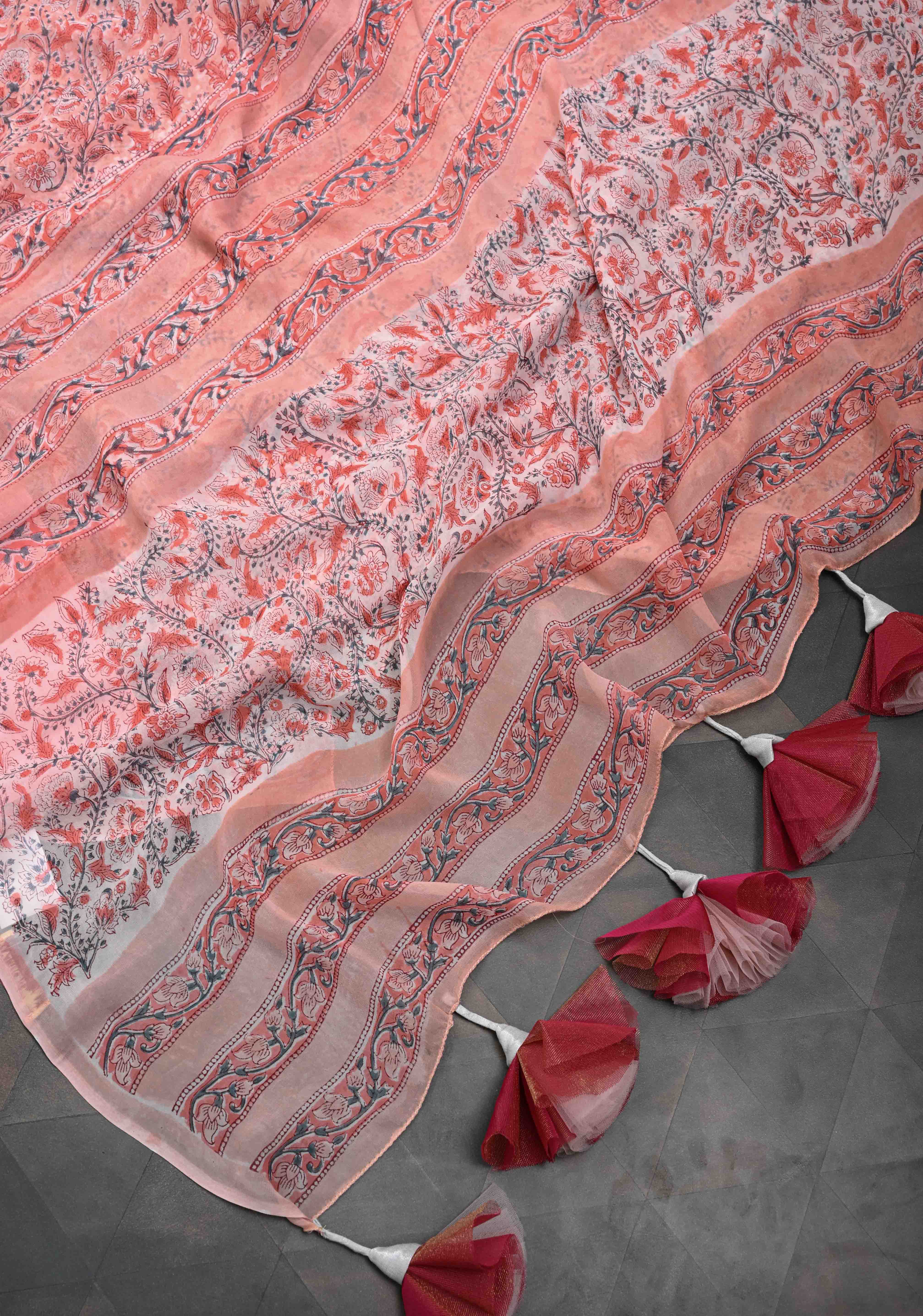 Peach Pink Georgette Saree with Sanganeri Hand Block Print with long net tassels | Shobitam - Image 10