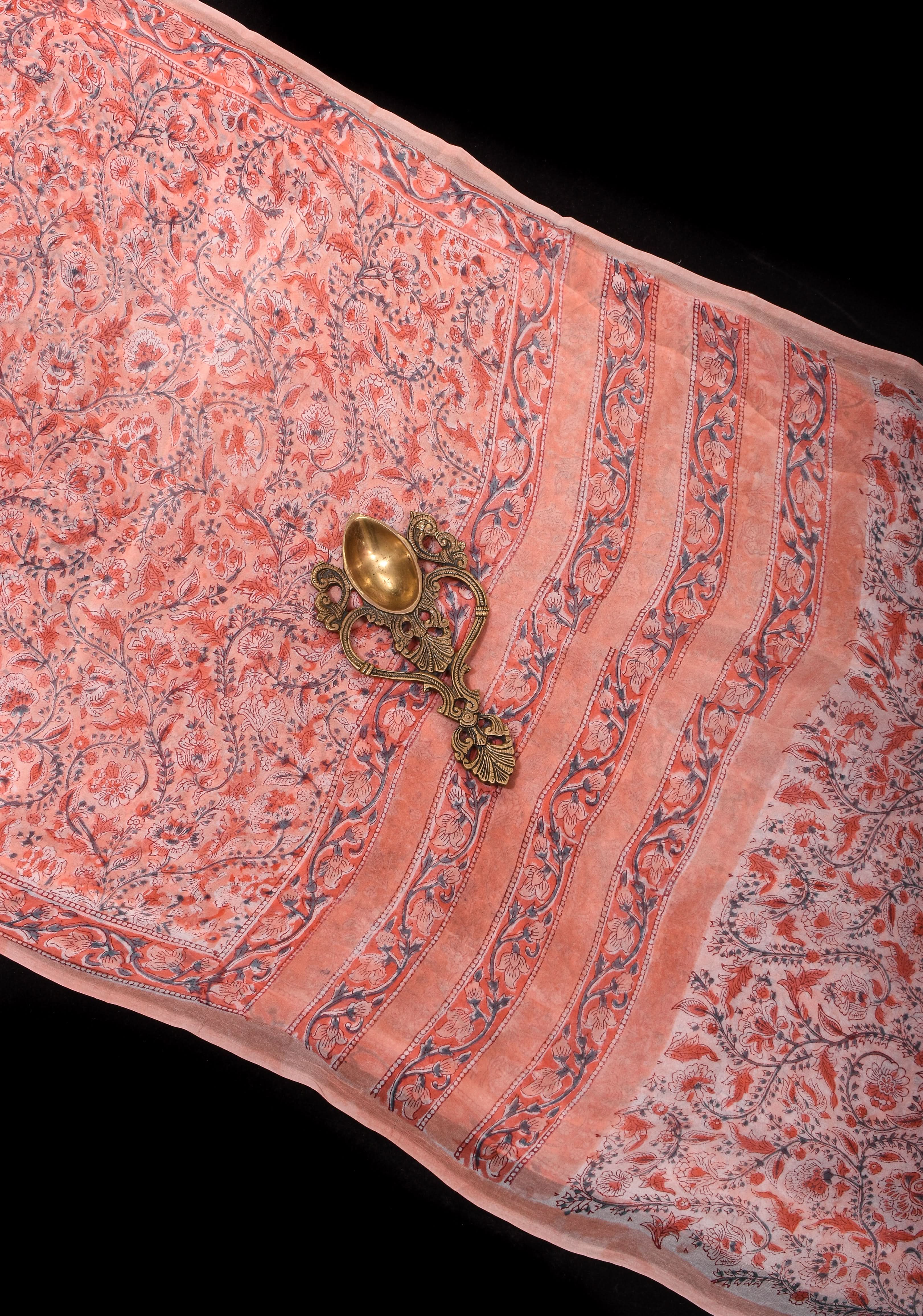 Peach Pink Georgette Saree with Sanganeri Hand Block Print with long net tassels | Shobitam - Image 2