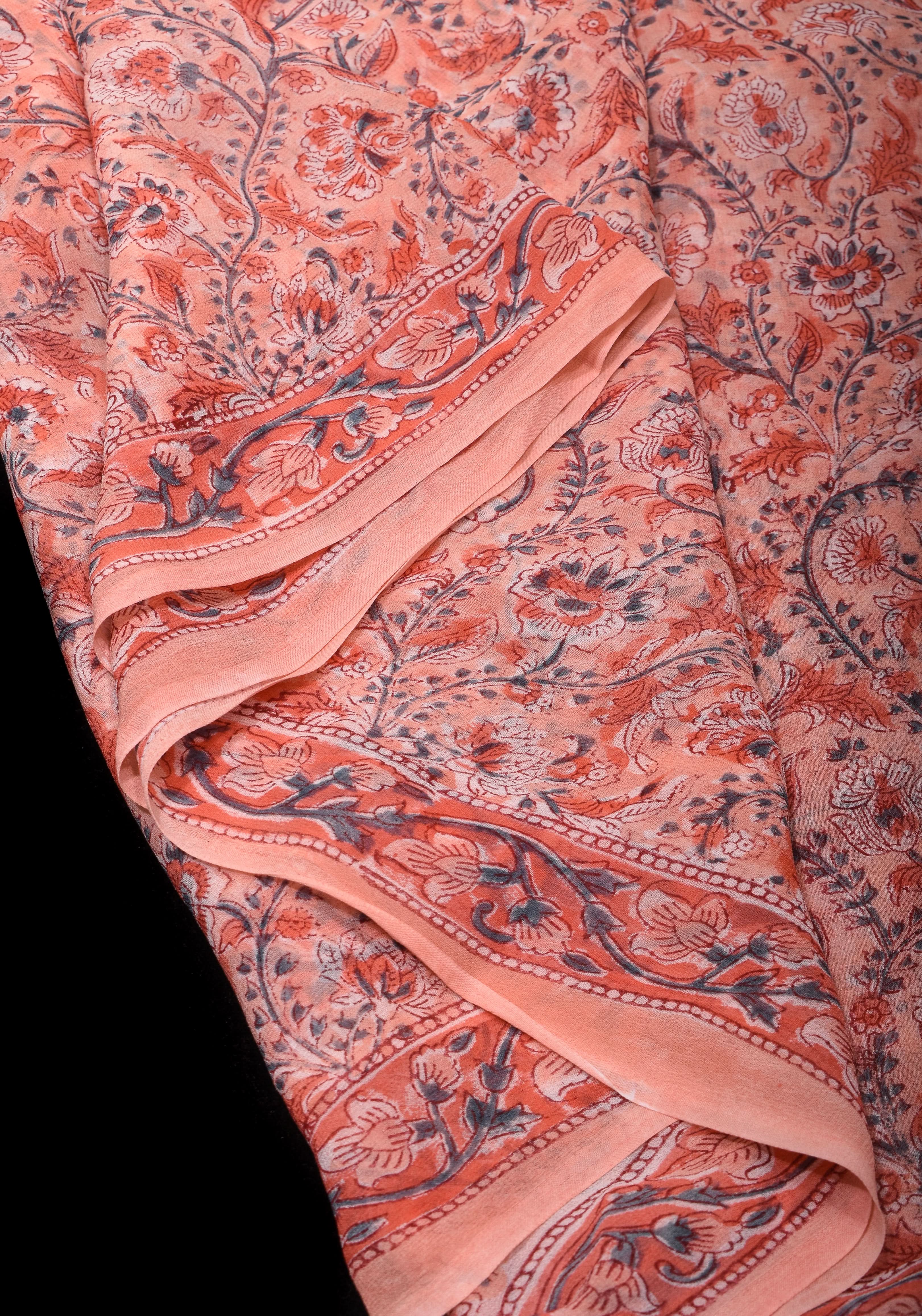 Peach Pink Georgette Saree with Sanganeri Hand Block Print with long net tassels | Shobitam - Image 4