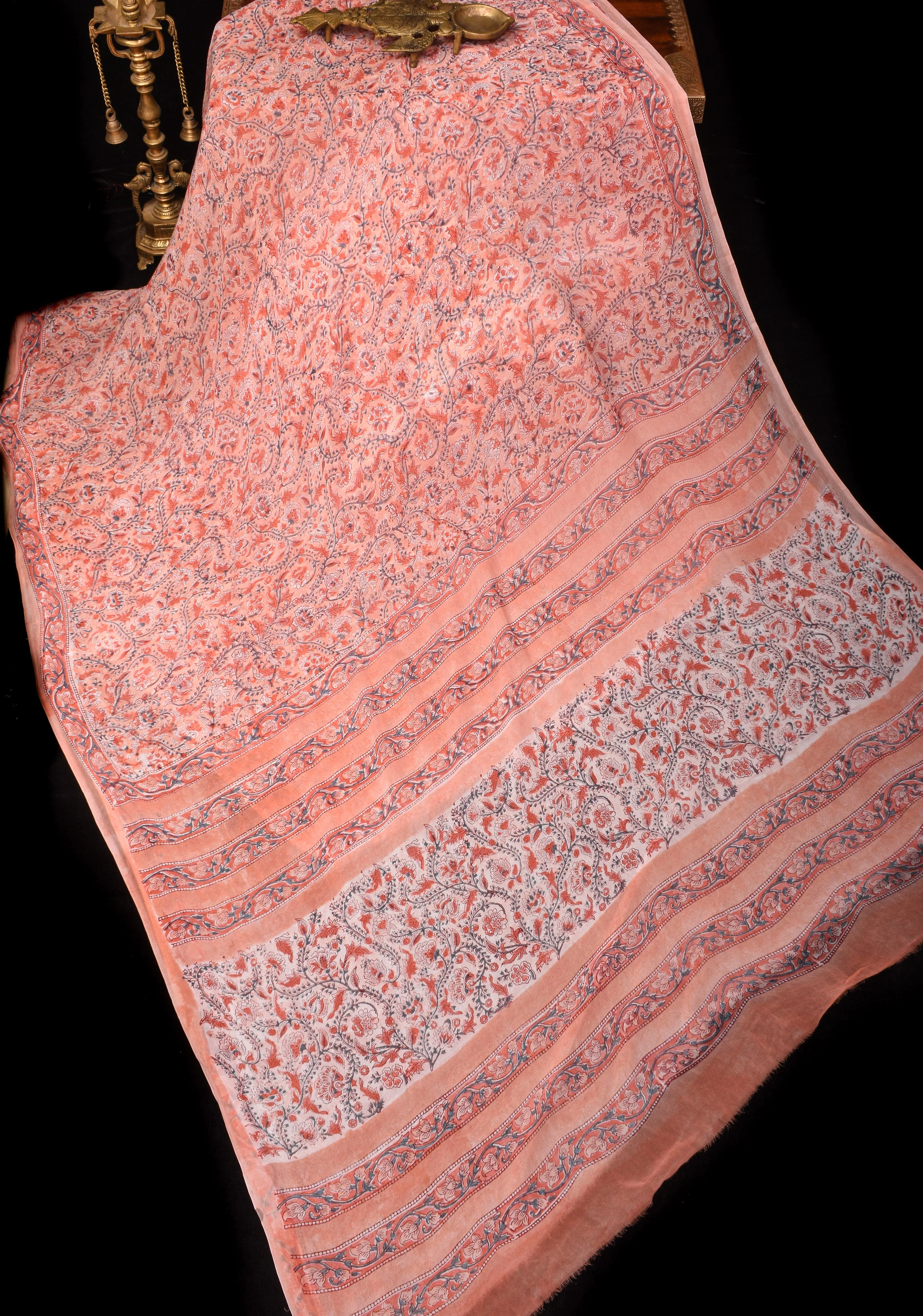 Peach Pink Georgette Saree with Sanganeri Hand Block Print with long net tassels | Shobitam - Image 5