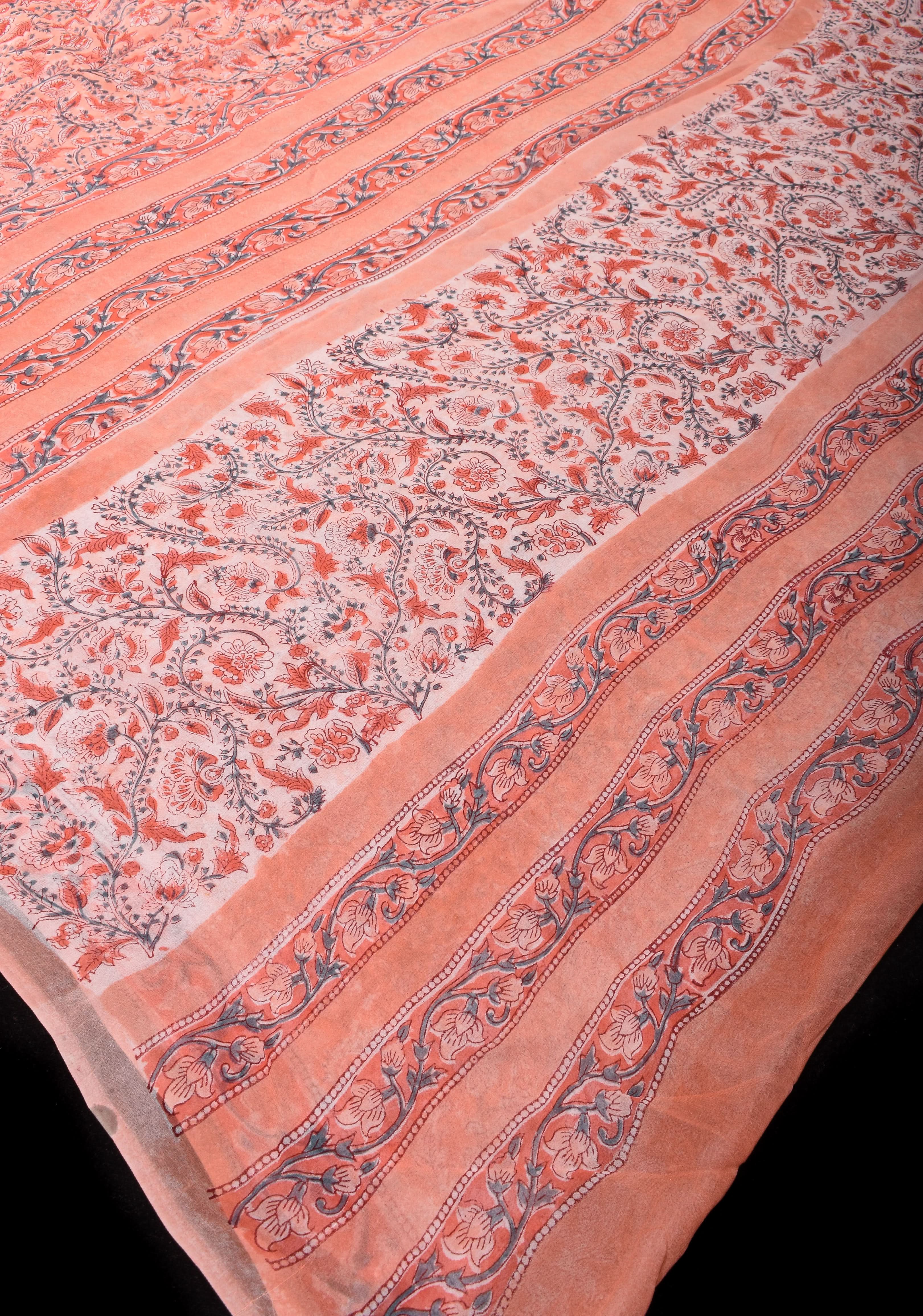 Peach Pink Georgette Saree with Sanganeri Hand Block Print with long net tassels | Shobitam - Image 7
