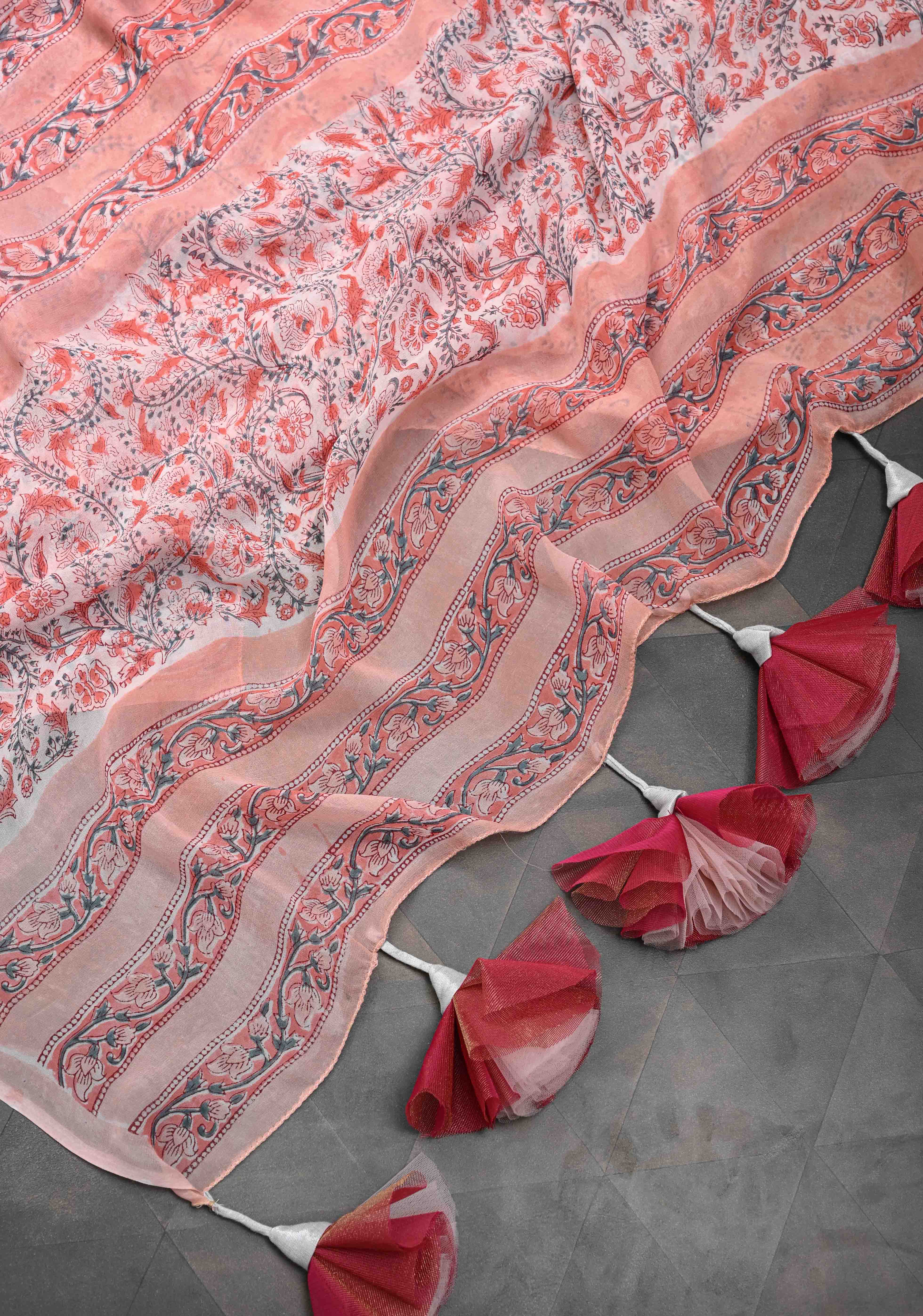 Peach Pink Georgette Saree with Sanganeri Hand Block Print with long net tassels | Shobitam - Image 9