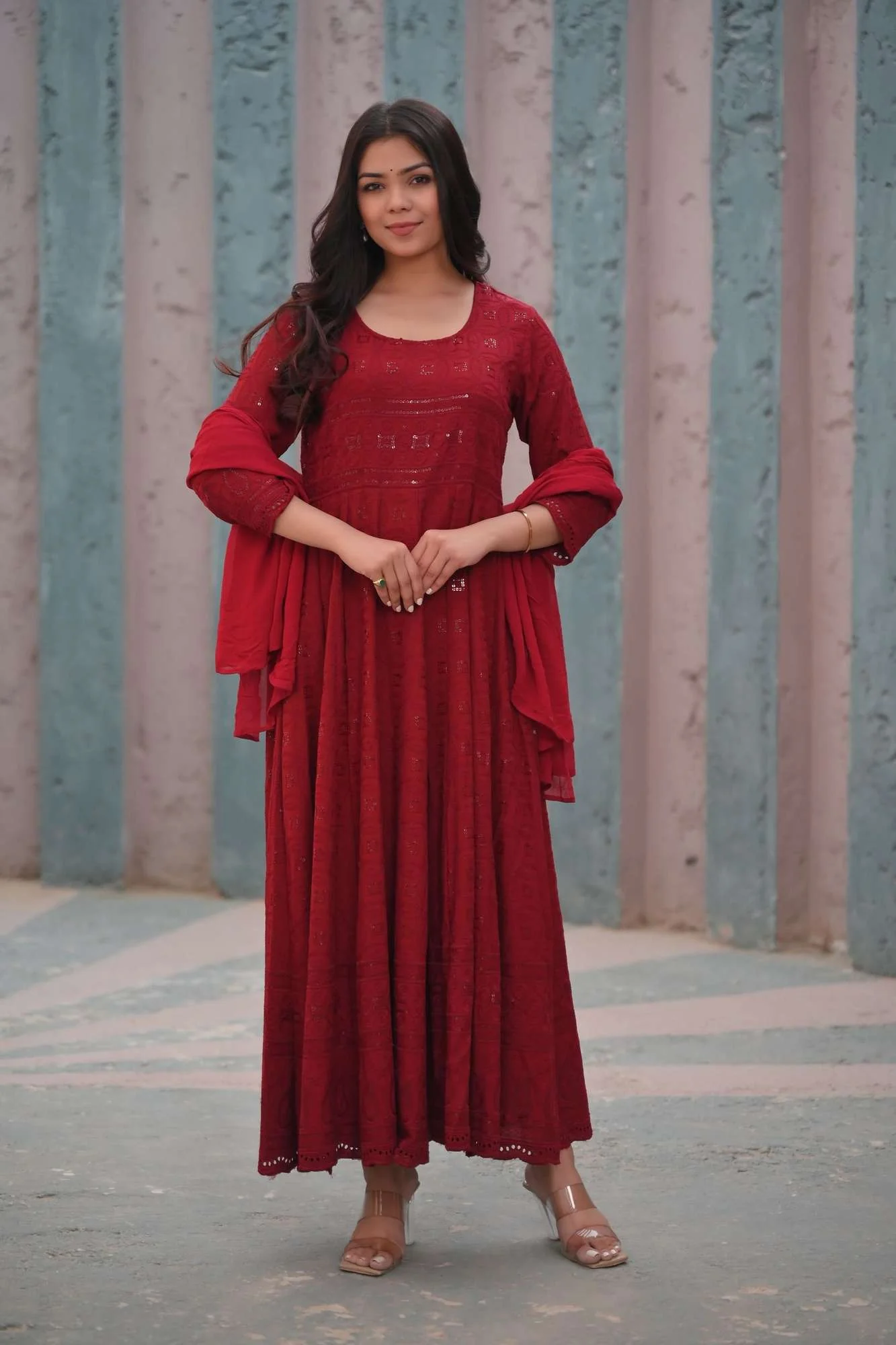 Ruby Chikankari Style Eyelet Anarkali Set in Red 3 Piece Set | Shobitam Made to Order - Image 2