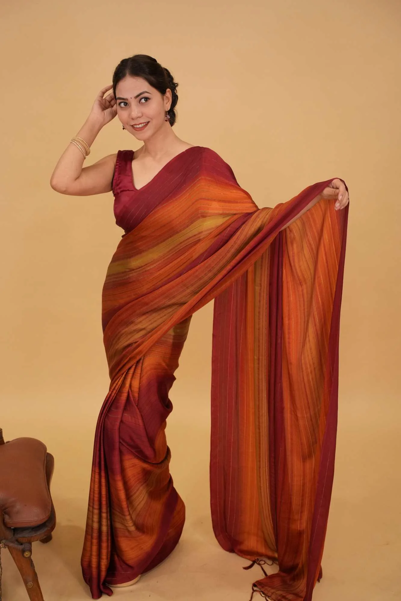 Rust Ombre dyed light weight dual tone wrap in 1 minute saree - Image 3