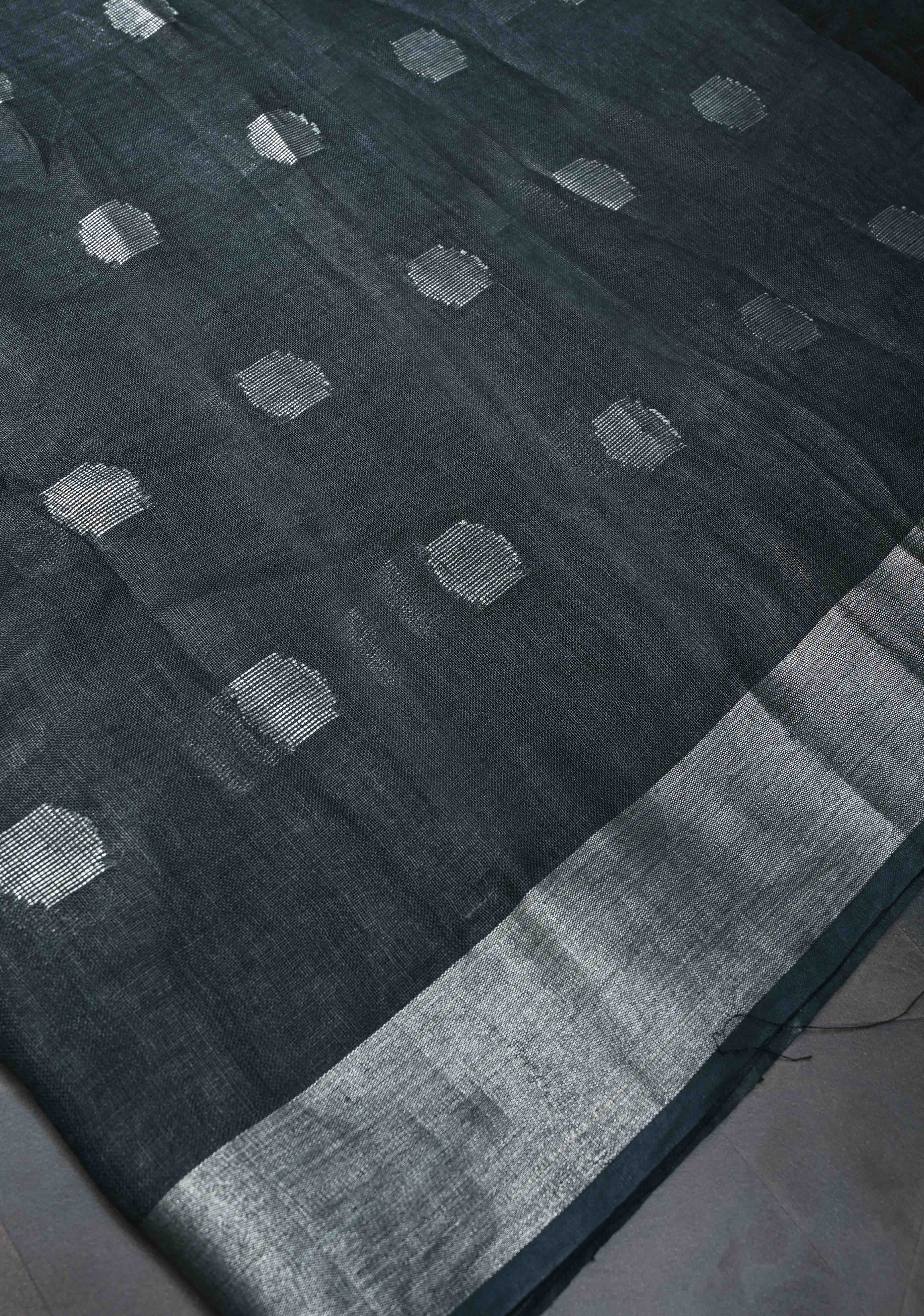 Charcoal Black Linen by Linen Saree with Zari Buttas and Zari Border, No Blouse Piece | Shobitam - Image 2